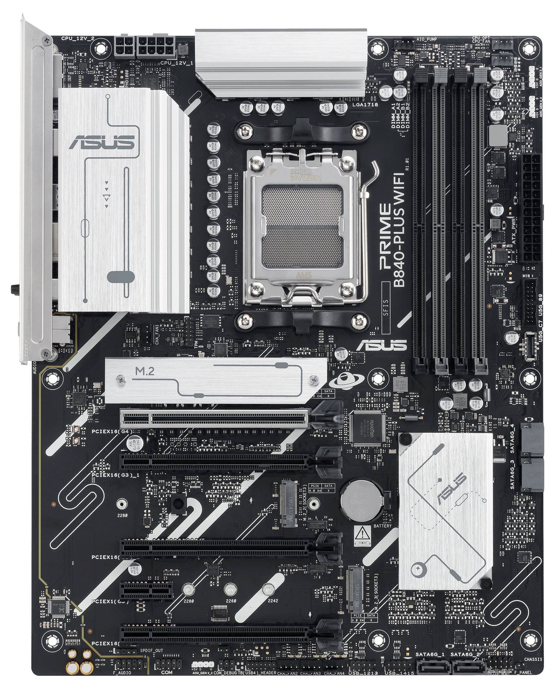 Een computermotherboard met koelers, sleuven voor RAM, PCIe-sleuven en een CPU-socket bovenaan in het midden.
