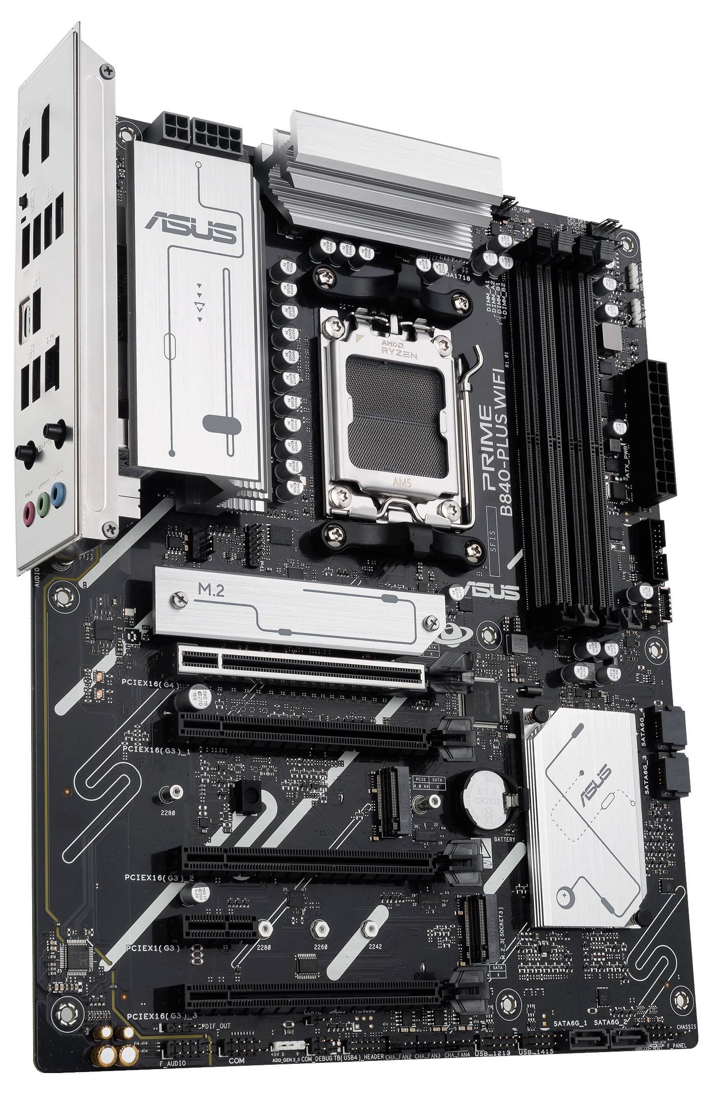 Een ASUS-moederbord met meerdere aansluitingen en sleuven voor CPU, RAM en M.2-SSD, in een zilvergrijs-zwart design.