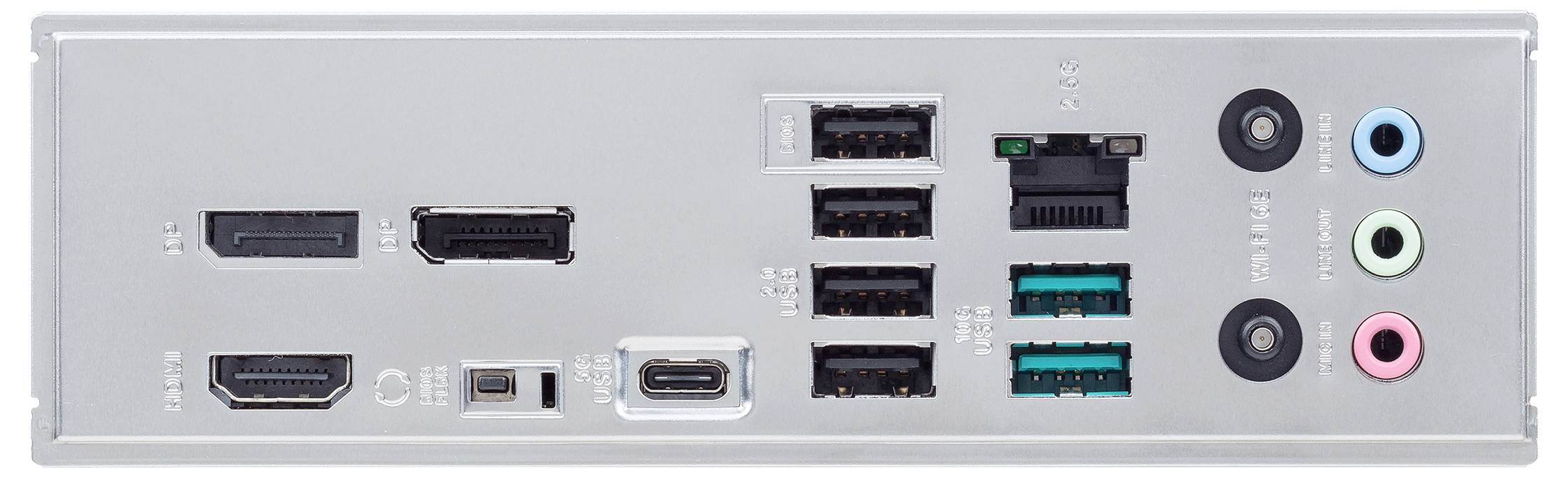 Achterkant van een computerbehuizing met verschillende aansluitingsmogelijkheden. Te zien zijn HDMI, USB-poorten, Ethernet-poort, audio-aansluitingen.