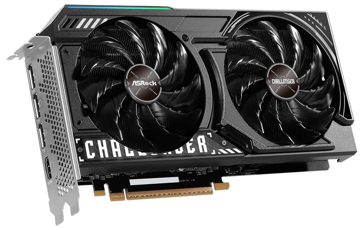 Zwarte grafische kaart met twee ventilatoren, merk ASRock, model 'Challenger'. Geschikt voor krachtige computerspellen.