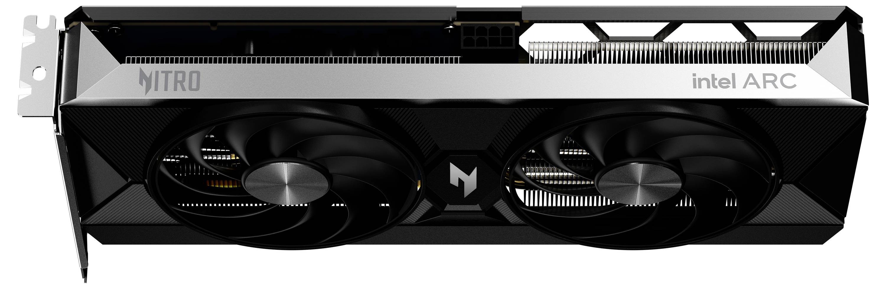 'Videokaart van bovenaf, merknamen Nitro en Intel Arc duidelijk zichtbaar. Twee grote ventilatoren in een zwarte behuizing.'