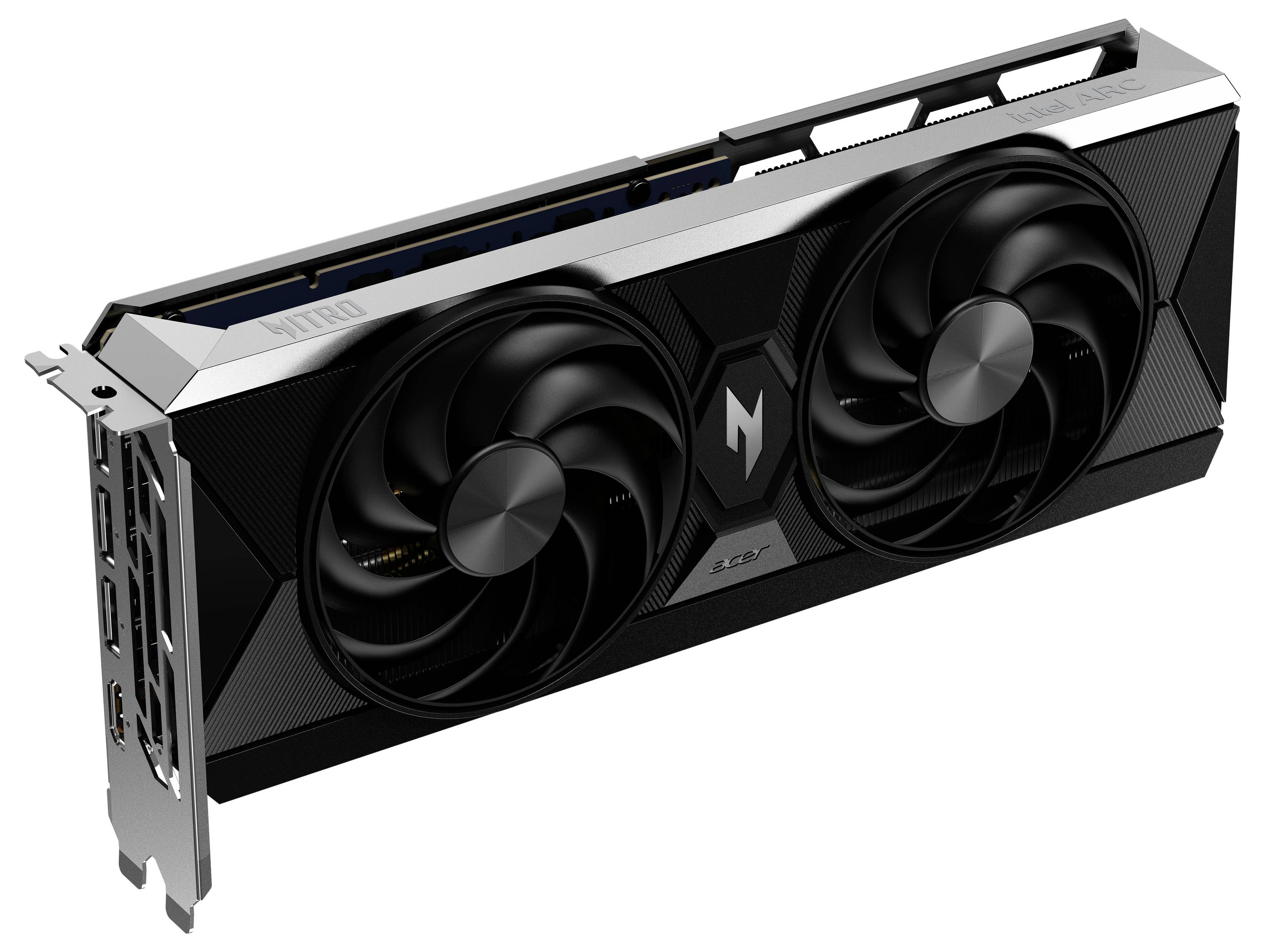 Videokaart met twee grote ventilatoren en een zwarte behuizing, ziet er krachtig uit, geschikt voor gaming en grafisch intensieve toepassingen.