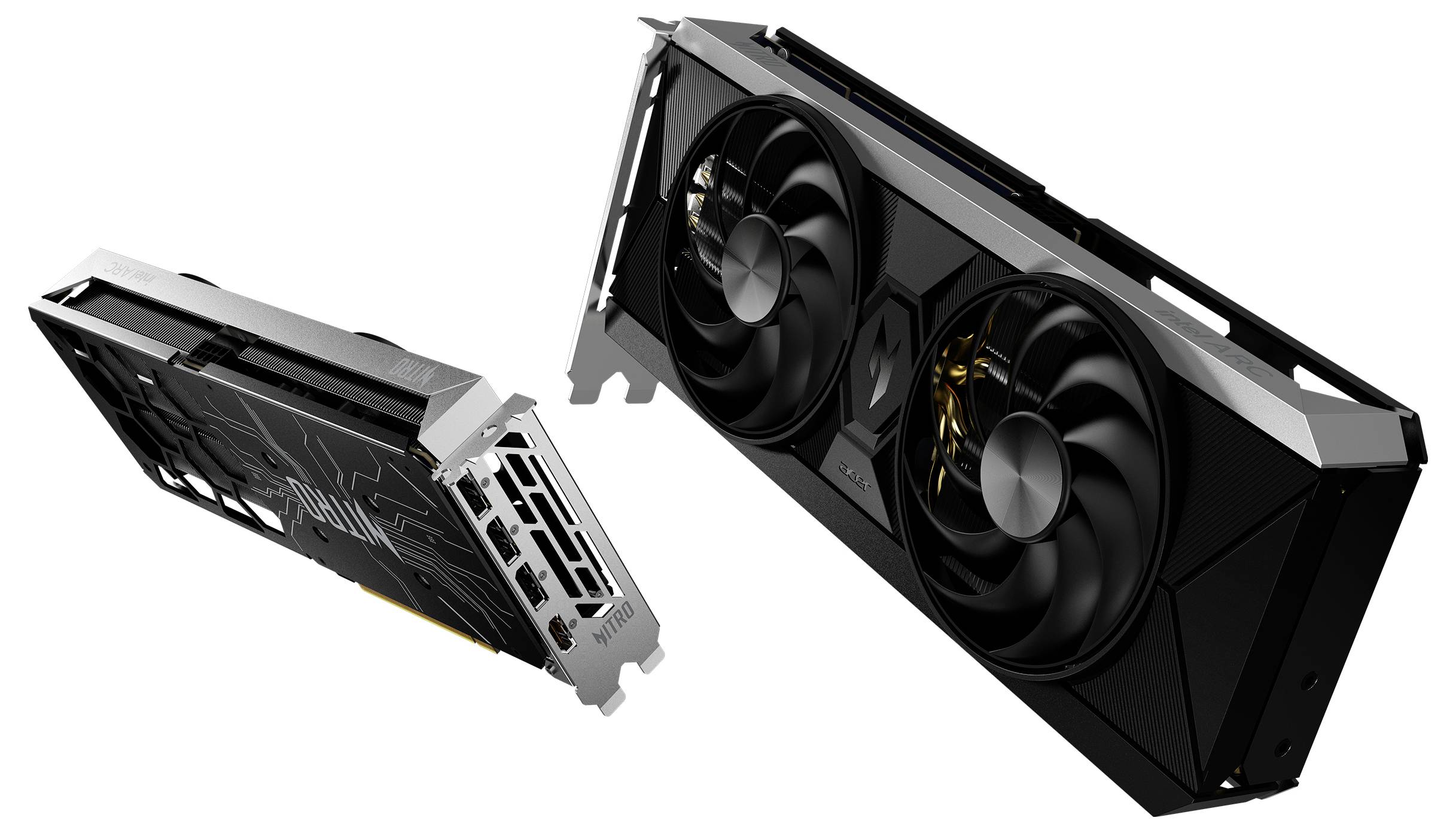 Twee zwarte videokaarten naast elkaar, eentje met zicht op de ventilatoren, de andere toont de aansluitkant. Modern design.