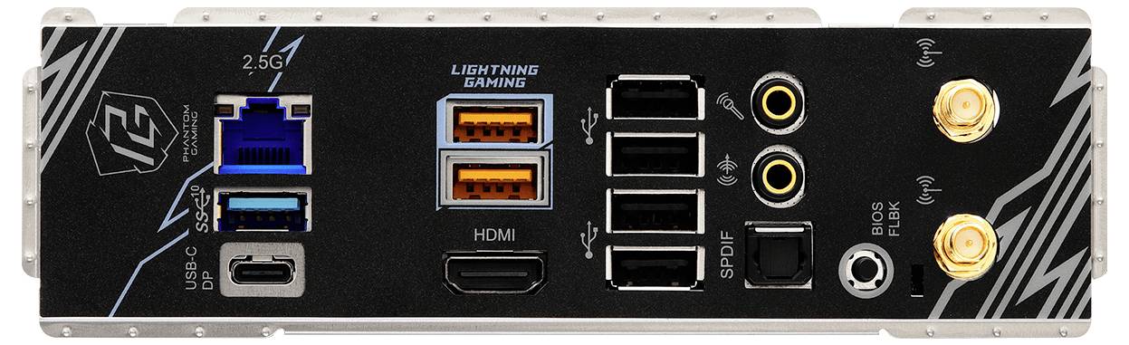Achterkant van een computer met meerdere aansluitingen: USB-C, USB 3.0, HDMI, netwerkaansluiting, audiopoorten en cijfers voor aangepaste functies.