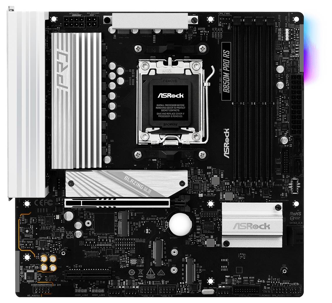 Een ASRock-moederbord met processorsocket, RAM-sleuven en verschillende aansluitingen, geschikt voor desktopcomputers.