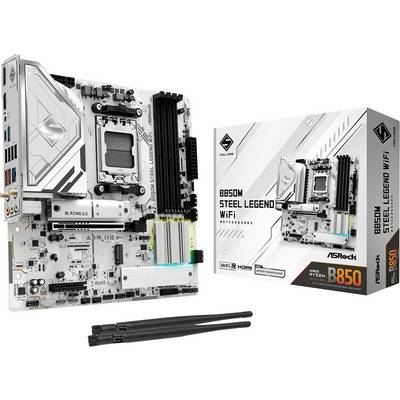 Een ASRock B550M Steel Legend WiFi-moederbord naast zijn verpakking. Belangrijkste kenmerken: AMD Ryzen ondersteuning, WiFi, HDMI, RGB-verlichting.