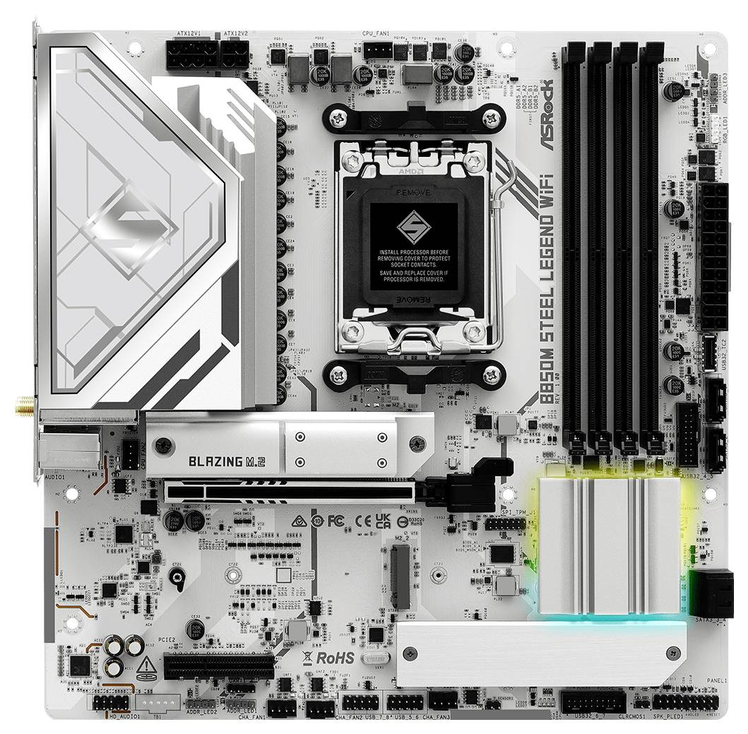 Een computermoederbord met het opschrift 'ASRock B550M Steel Legend WiFi'. Het toont verschillende aansluitingen en uitbreidingssleuven.