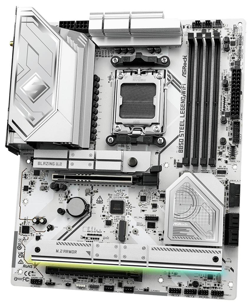 Moederbord 'B560 Steel Legend Wi-Fi' van ASRock, met CPU-socket, vier RAM-sleuven, koeler en meerdere aansluitingen.