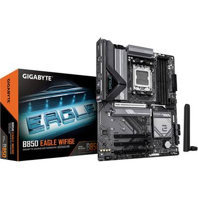 De afbeelding toont een GIGABYTE B850 EAGLE WIFI6E moederbord met verpakking. De verpakking adverteert met 'EAGLE' en is oranje gekleurd.