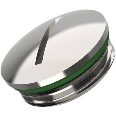 Een rond metalen voorwerp met een groene afdichting en een sleuf aan de bovenzijde, mogelijk een afsluitsluiting.