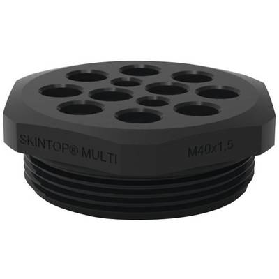 Een zwarte kabelwartelstop met meerdere ronde openingen aan de bovenzijde. Tekst: 'SKINTOP® MULTI M40x1.5'.