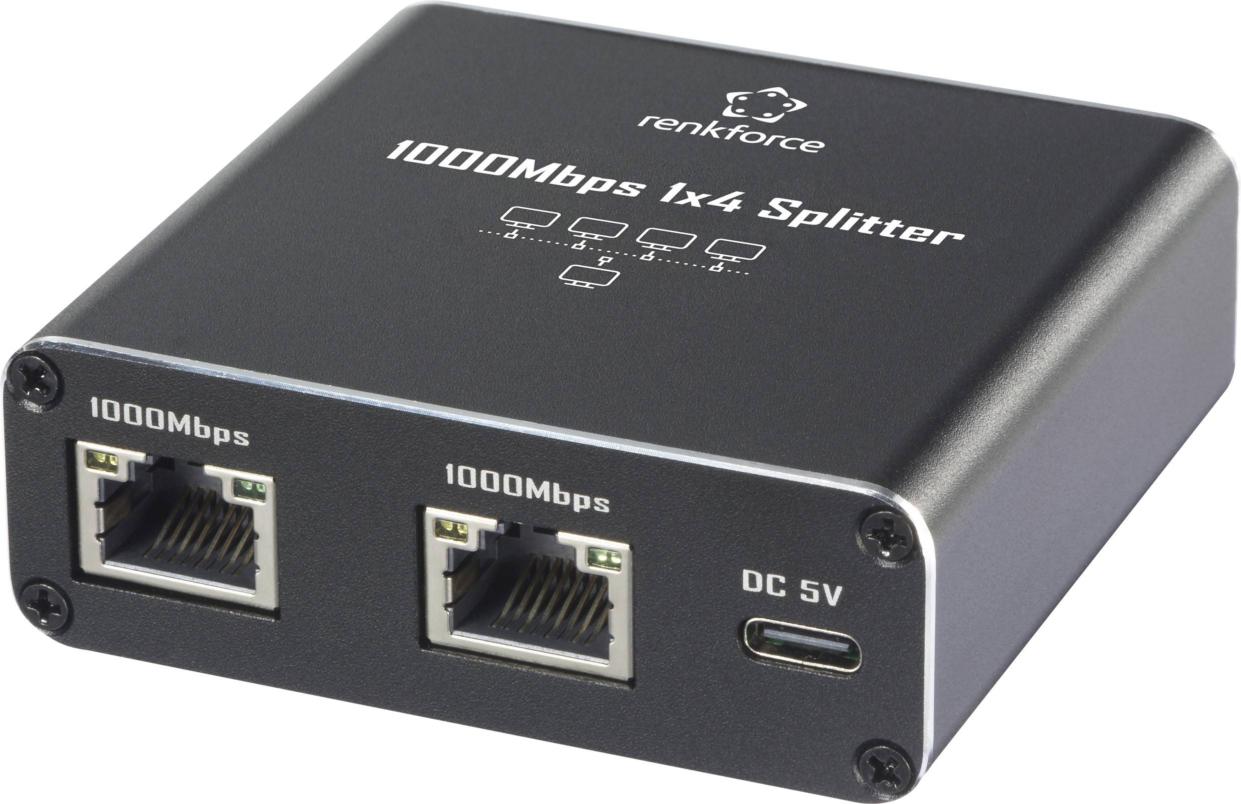 'Renkforce 1000Mbps 1x4 Splitter' toont twee 1000Mbps Ethernet-poorten en een DC 5V-aansluiting aan de voorkant.