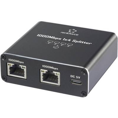 'Renkforce 1000Mbps 1x4 Splitter' toont twee 1000Mbps Ethernet-poorten en een DC 5V-aansluiting aan de voorkant.