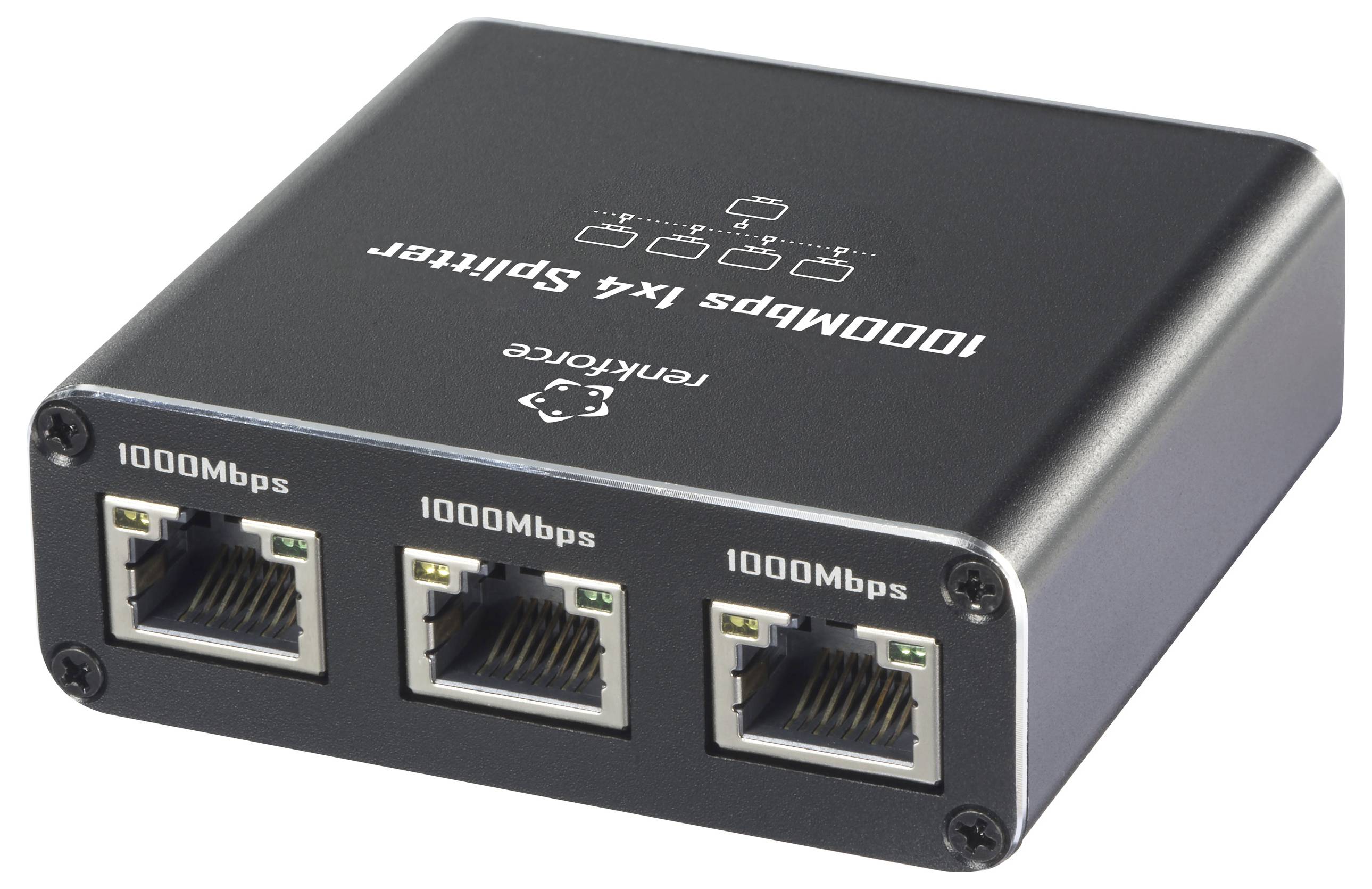 'Drievoudige netwerk-splitter met drie RJ45-aansluitingen, aan de voorzijde gemarkeerd met de specificatie 1000Mbps.'