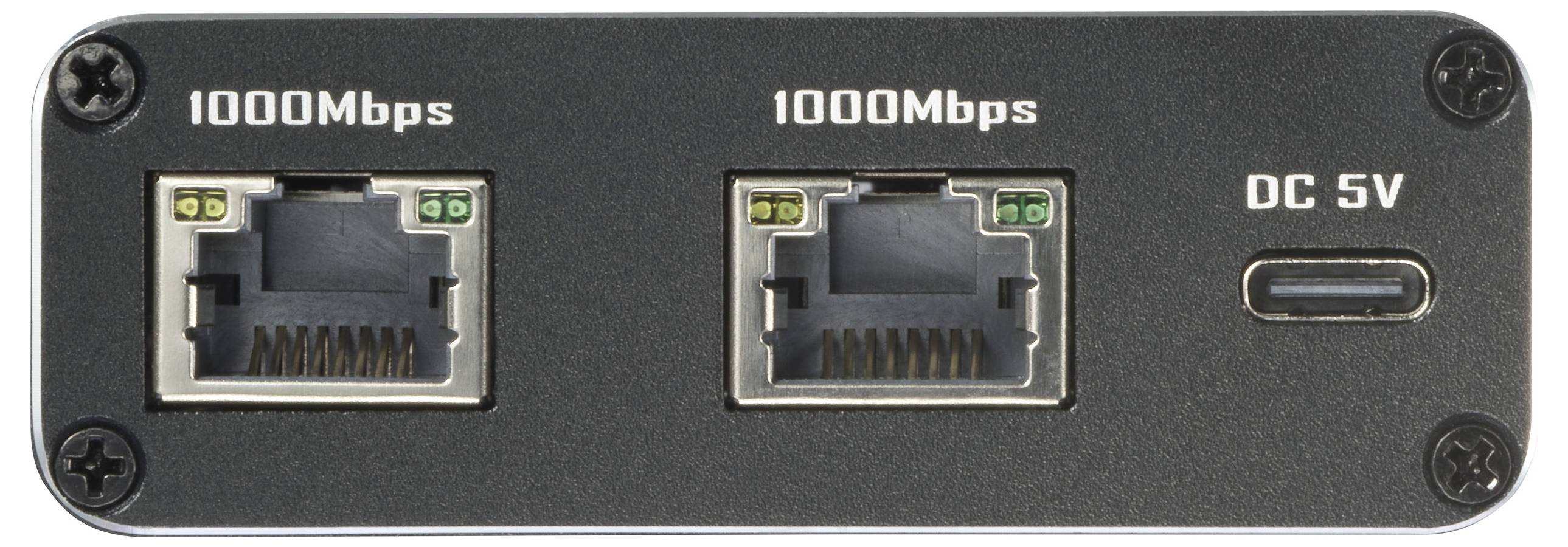 Netwerkapparaat aan de achterkant met twee Ethernet-aansluitingen '1000 Mbps' en een USB-C-poort 'DC 5V'.