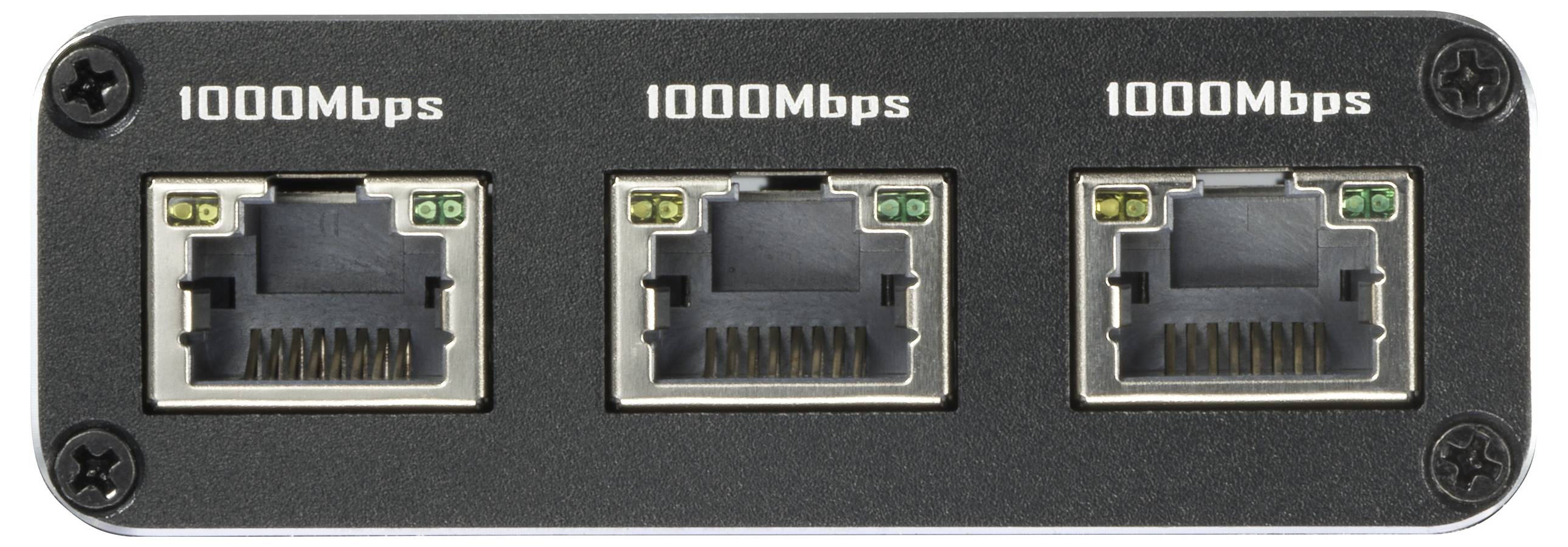 Drie Ethernet-poorten naast elkaar in een zwarte behuizing, allemaal gemarkeerd met '1000 Mbps'.
