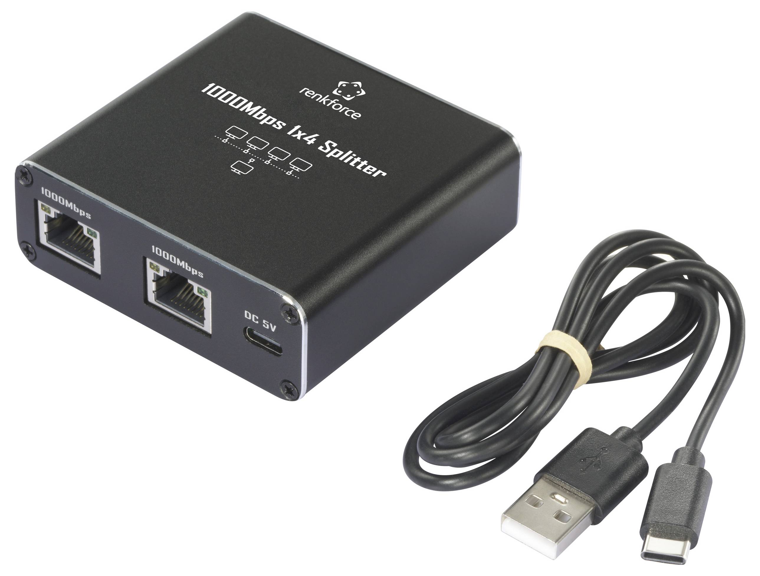 Zwarte 1000Mbps 1x4 Splitter met twee Ethernet-aansluitingen en een DC 5V-aansluiting, naast een USB naar USB-C kabel.