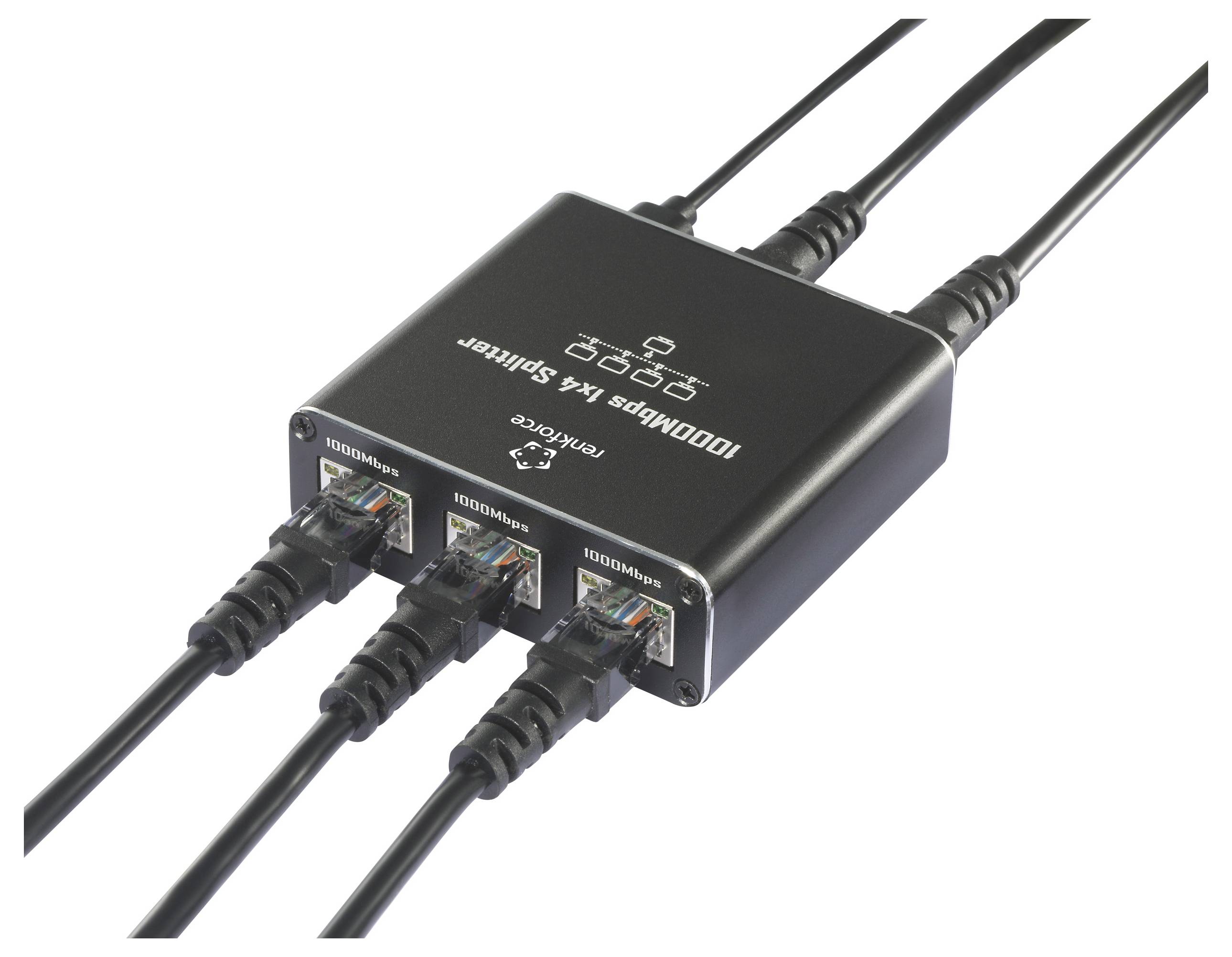 Gigabit LAN-splitter met drie Ethernet-poorten en kabel in een zwarte behuizing. Maakt de distributie van een netwerksignaal mogelijk.