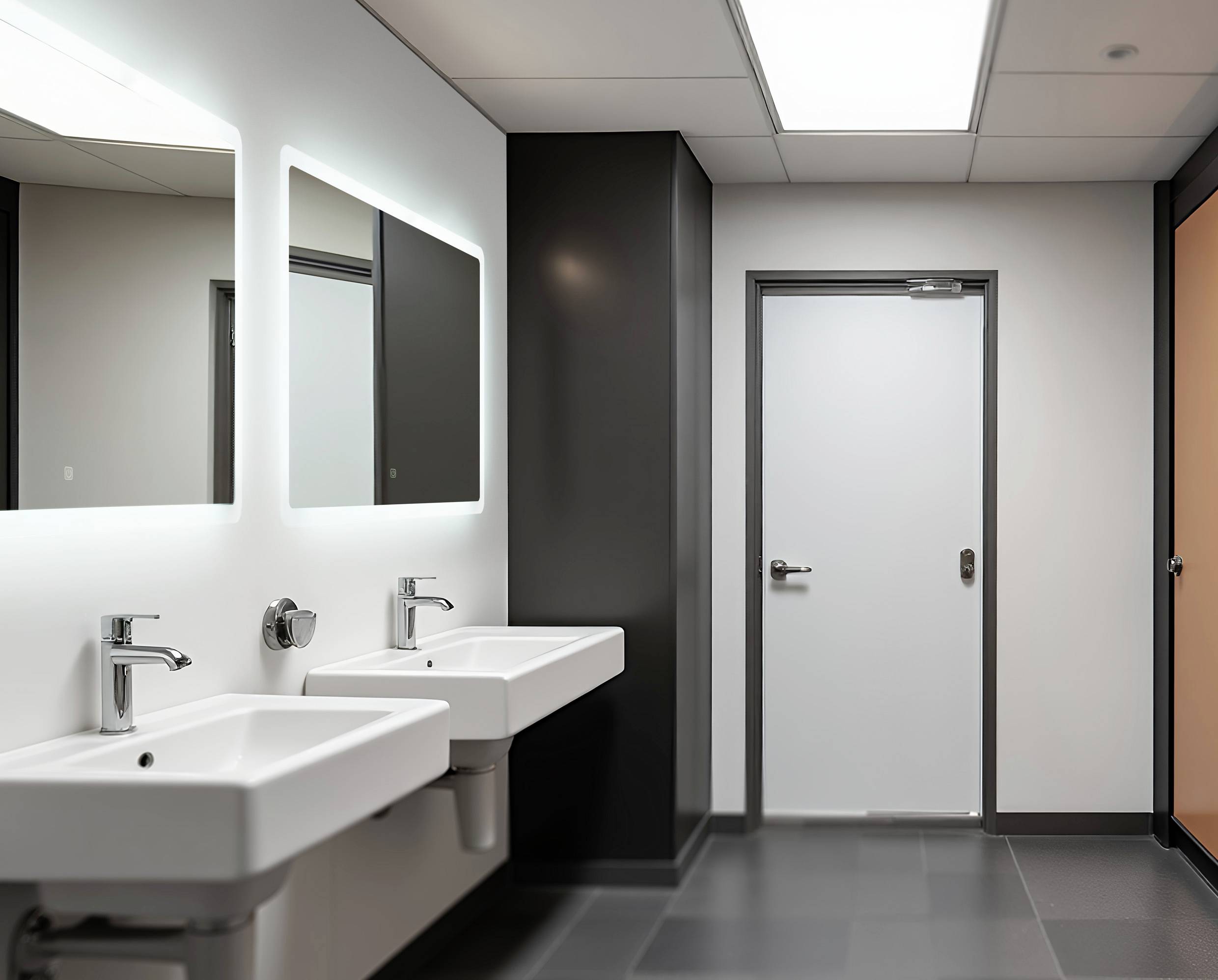 Twee moderne wastafels met verlichte spiegels in een openbaar toilet, neutrale kleuren en strakke lijnen.