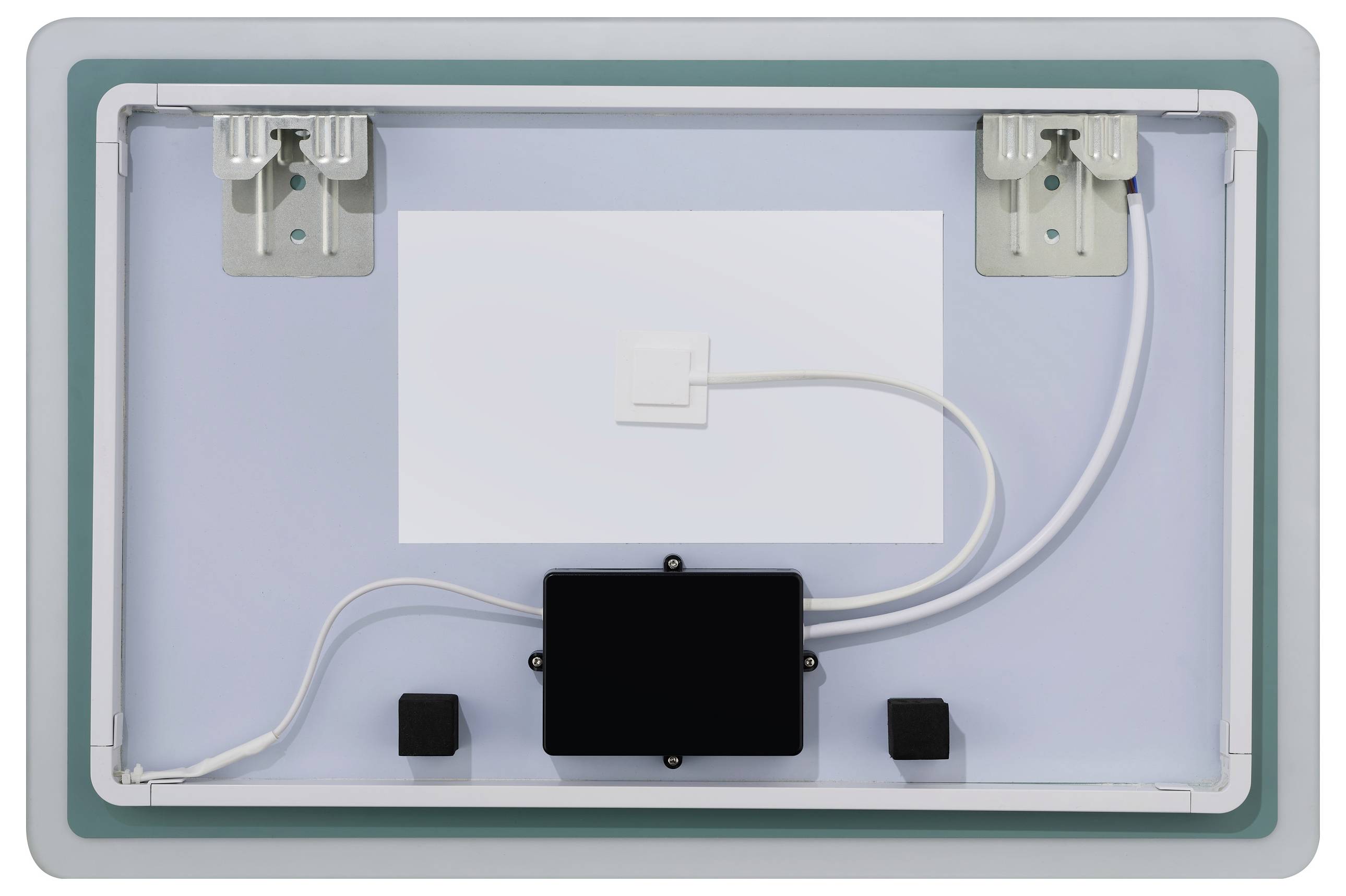 De achterkant van een wit, rechthoekig apparaat met twee bevestigingsklemmen bovenaan, kabelaansluitingen in het midden en een zwarte behuizing onderaan.