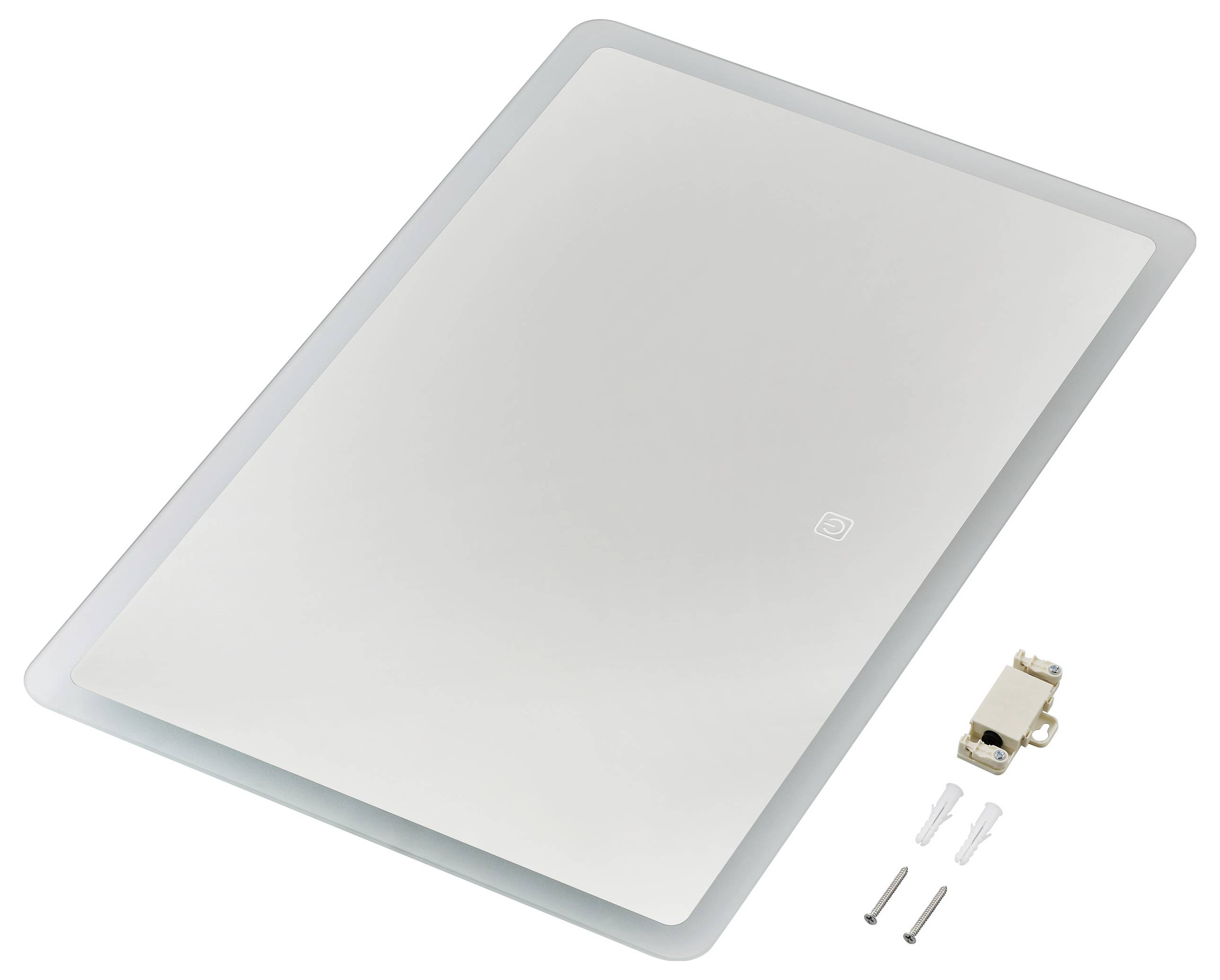 Wit rechthoekig warmtegeleidingspad met afgeronde hoeken, naast bevestigingsmateriaal bestaande uit een klem en twee schroeven.