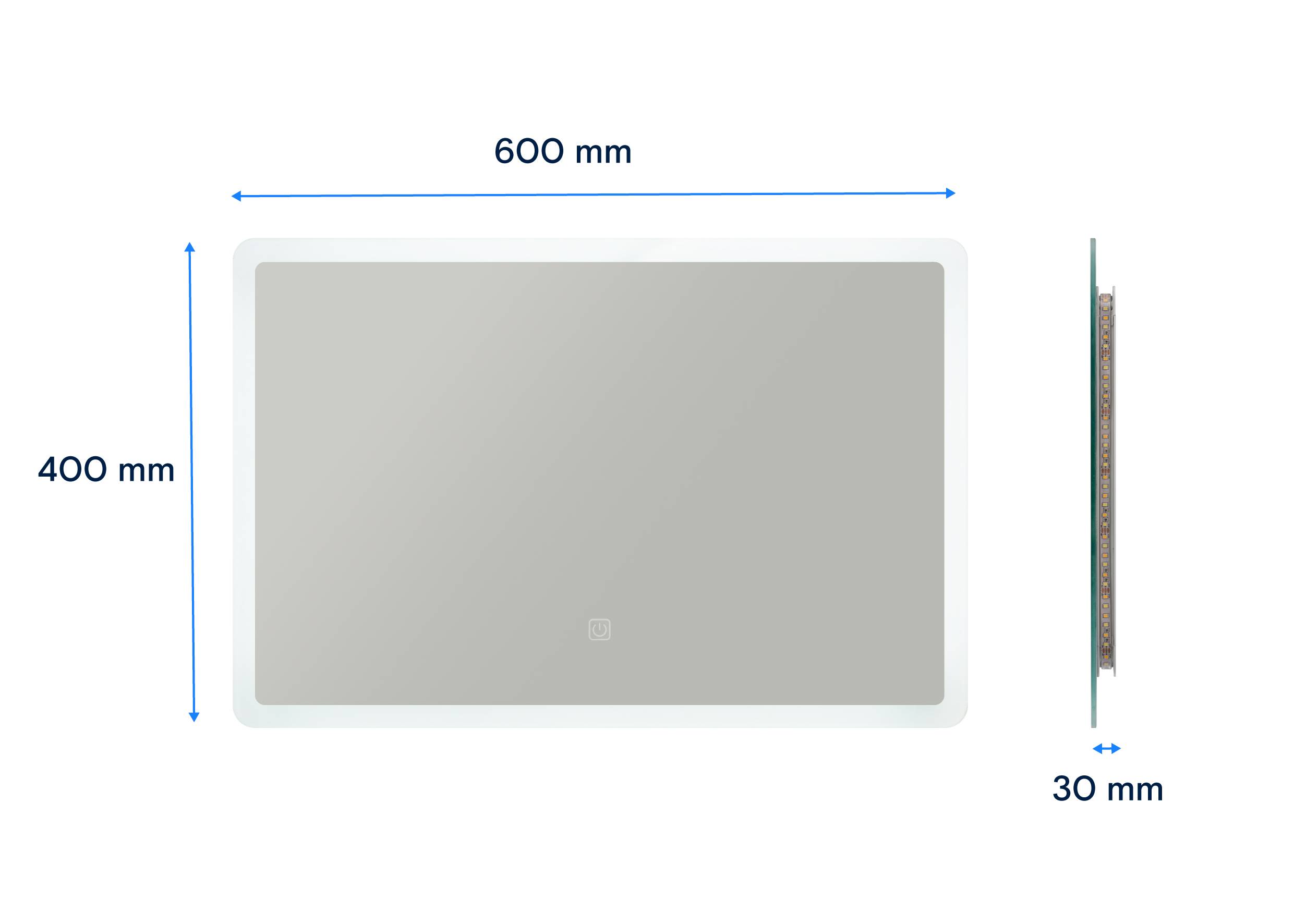 De afbeelding toont een rechthoekige spiegel met afmetingen van 600 mm breedte, 400 mm hoogte en 30 mm diepte.
