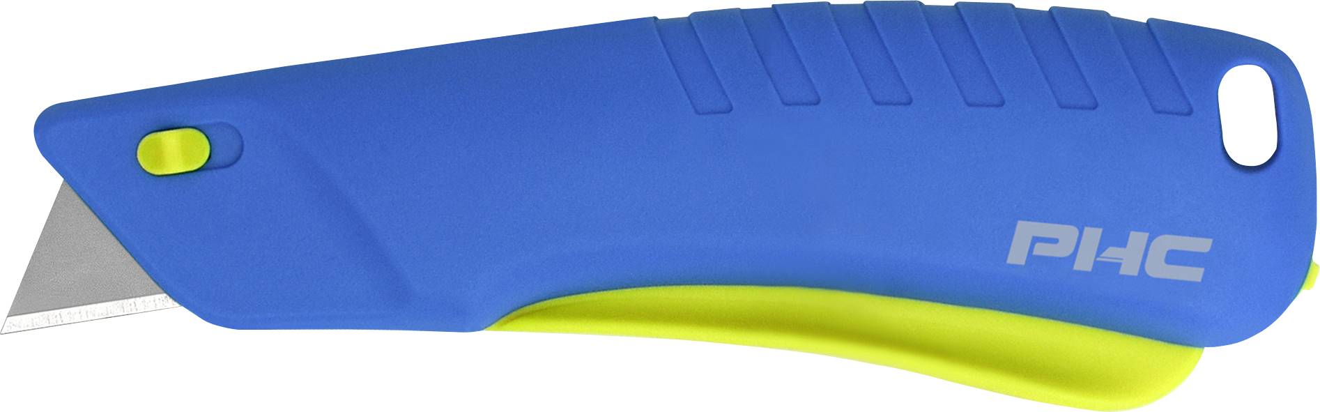 Blauwe universele mes met intrekbare blade en gele knop. Ideaal voor het veilig doorsnijden van karton en papier.