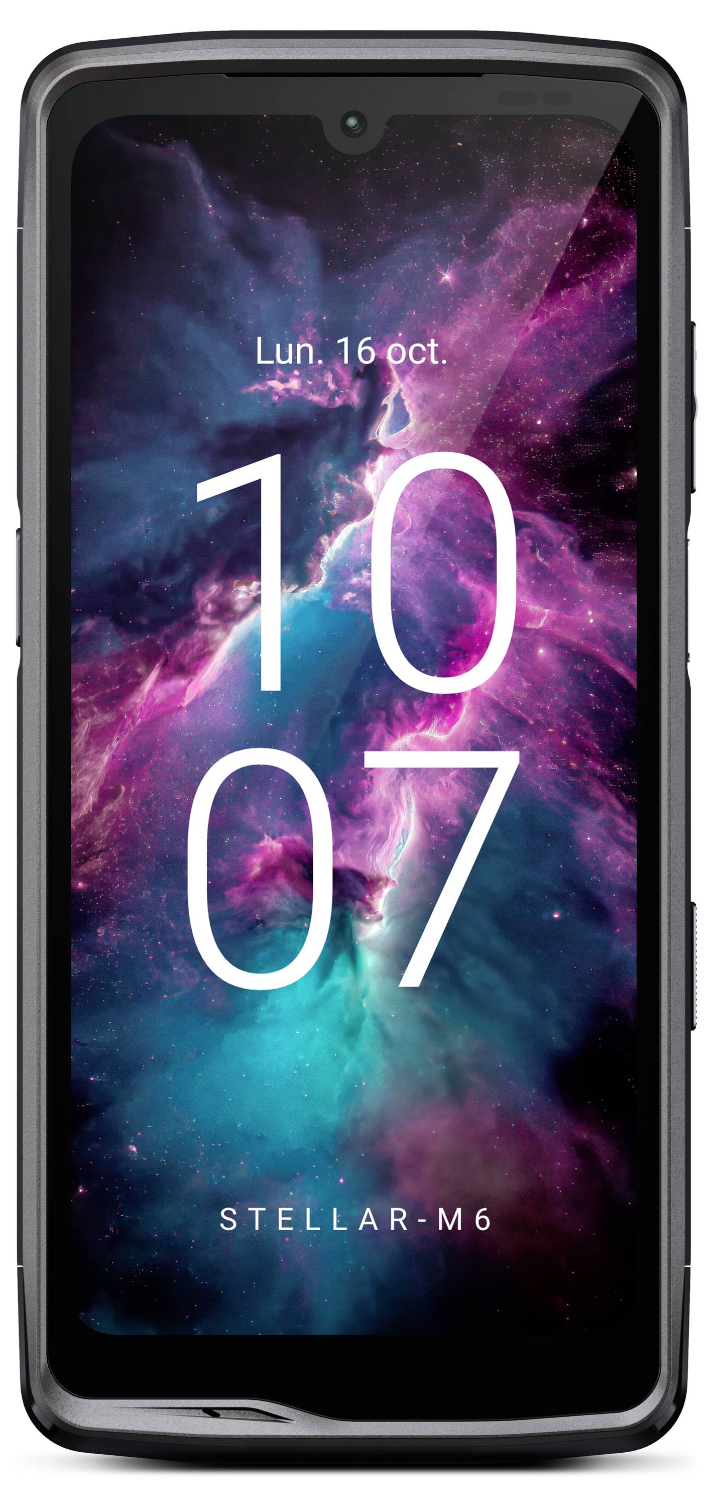 Smartphone met een weergave van de datum 'Ma, 16 okt.' en de tijd '10:07' op een kleurrijke, galactische achtergrond.