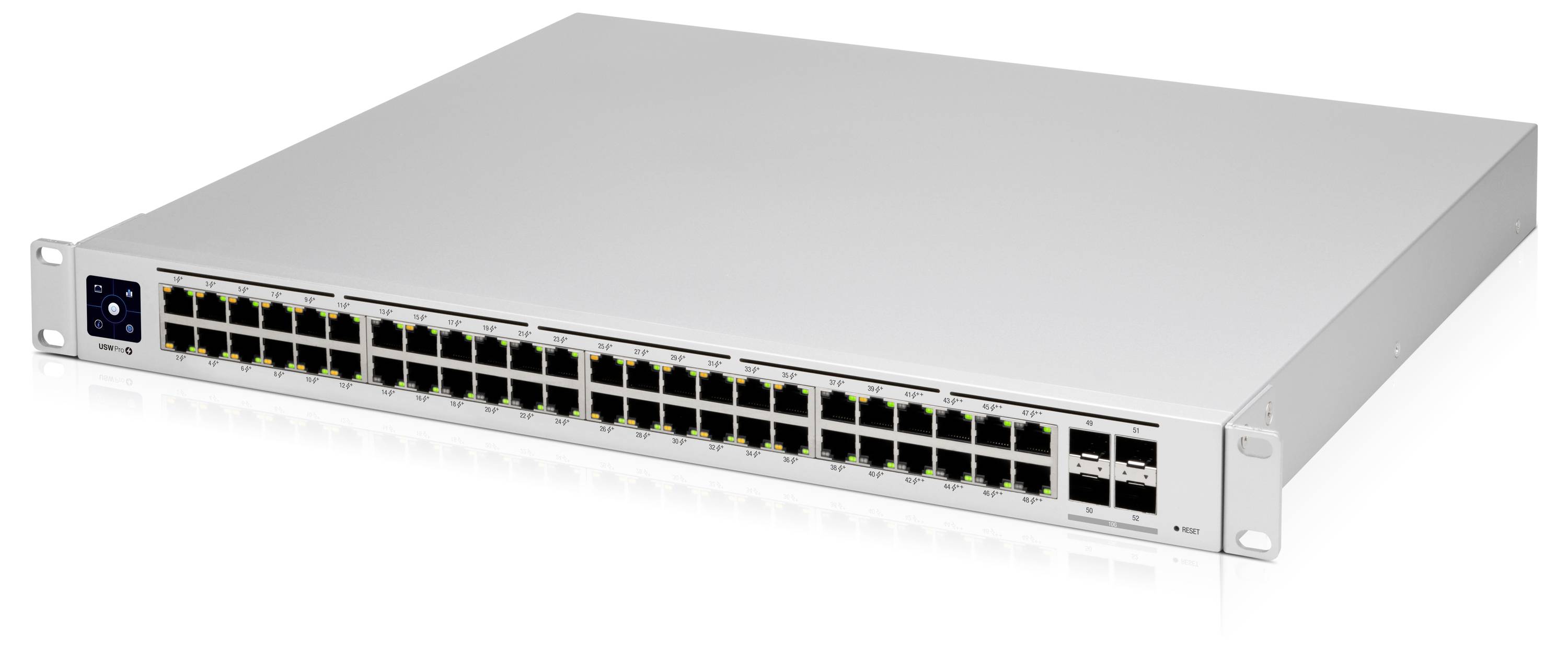 Het beeld toont een netwerk-switch met 48 Ethernet-poorten en meerdere SFP-sleuven aan de voorkant, geschikt voor montage in een rack.