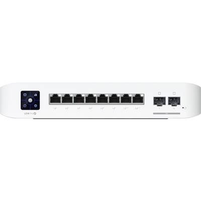 Netwerk-switch met acht Ethernet-poorten en twee extra aansluitingen. De voorkant toont statuslampjes en poorten.