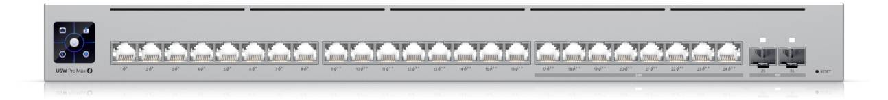 Een grijs netwerktoestel met achttien Ethernet-poorten en twee glasvezelaansluitingen. Twee LED-indicatoren bevinden zich aan de rechterkant.