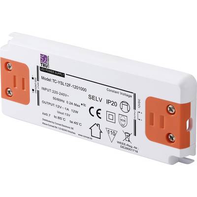 LED-voeding met modelnummer TC-YSL12F-1201000, ingang 220-240V, uitgang 12V/1A, 12W, geschikt voor gebruik binnenshuis (IP20).