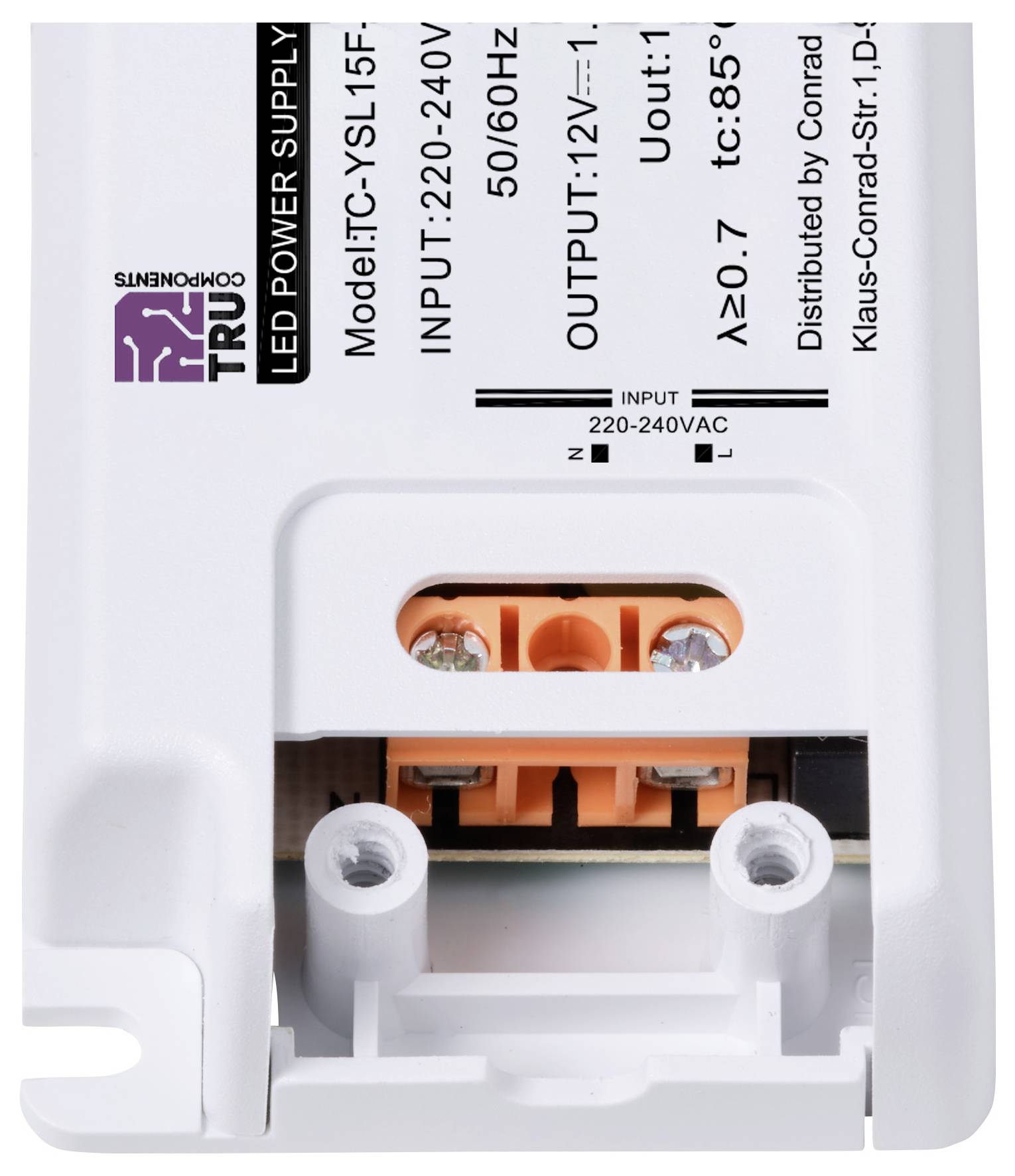 Voeding voor LED-verlichting. Model TC-YSL15F. Ingang: 220-240V, 50/60Hz. Uitgang: 12V-1,25A. Behuizing in het wit.