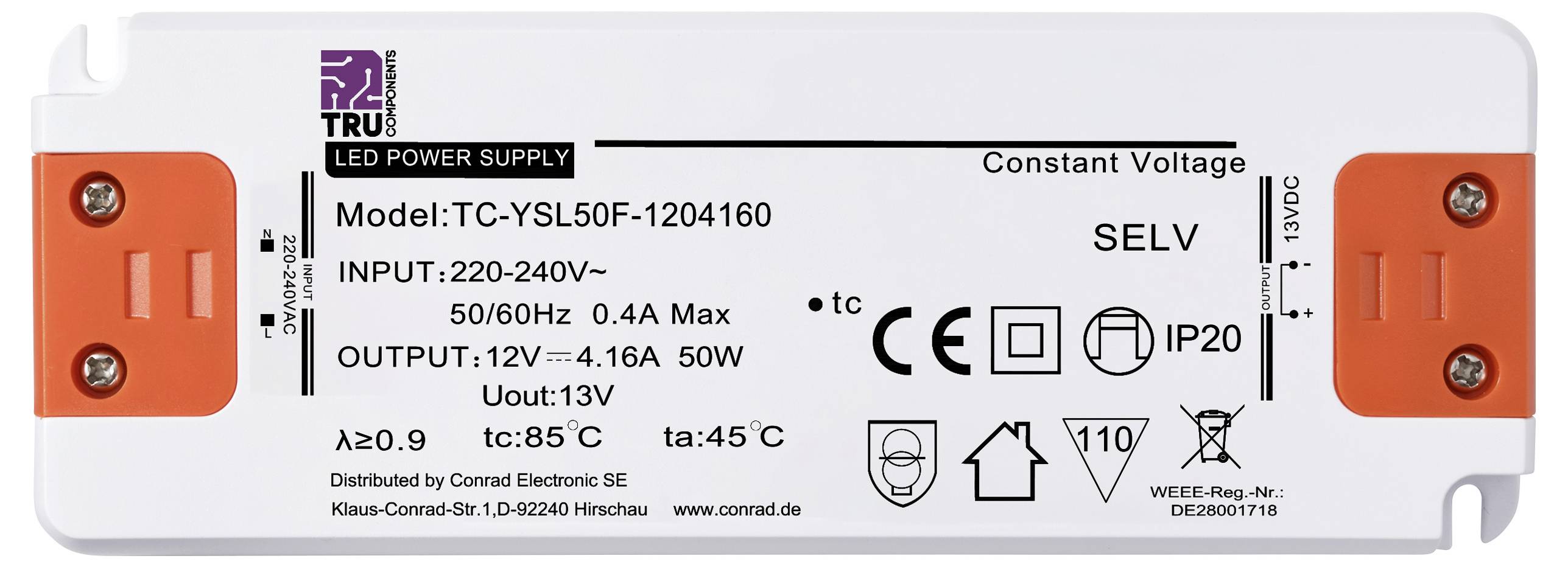 LED-voedingseenheid met modelnummer TC-YSL50F-1204160. Ingang: 220-240V, Uitgang: 12V. Beschermingsgraad: IP20.