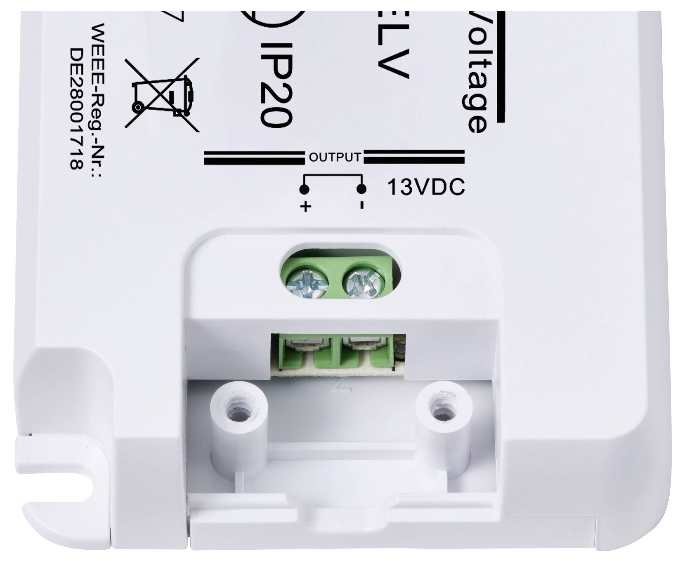 Elektrisch onderdeel met aansluitklemmen. Gemarkeerd met 'IP20', '13VDC'. Bevat identificatiecodes en symbolen. Geschikt voor binnenruimtes.