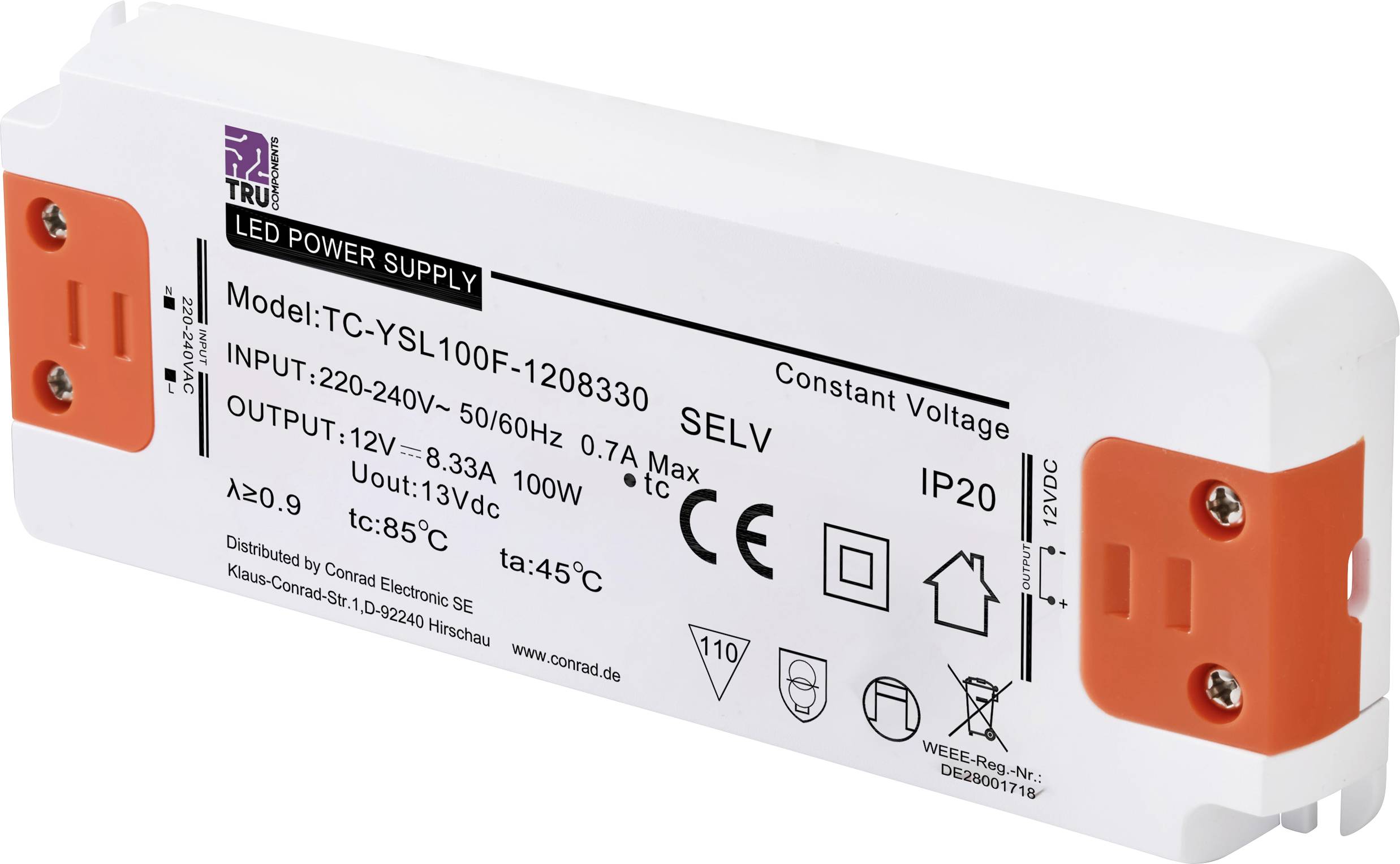 'Voeding voor LED, Model TC-YSU100F-1208330, Ingang: 220-240V, Uitgang: 12V, 8,33A, 100W. Beschermingsgraad IP20, Temperatuurbereik: -20°C tot 45°C.'