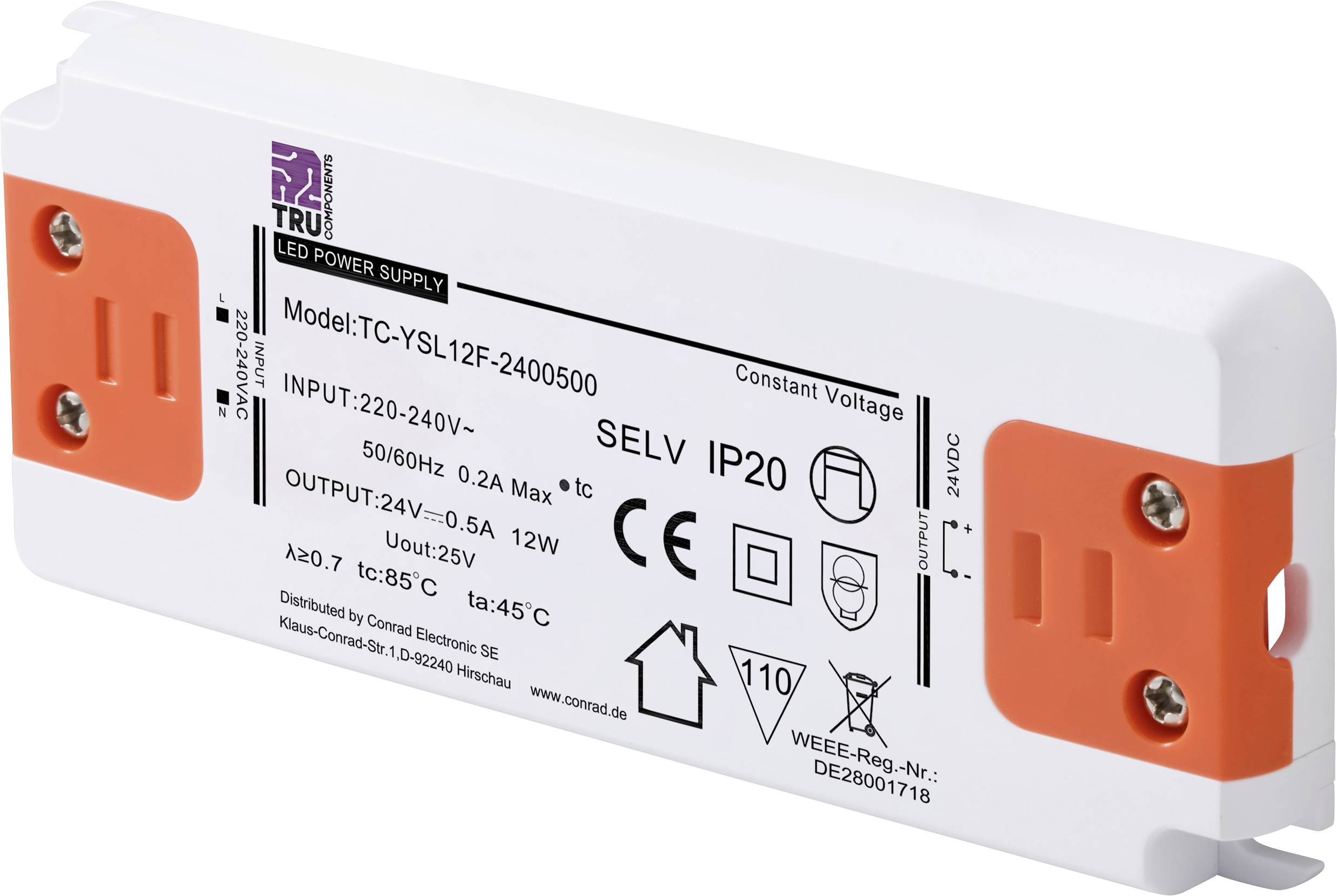 Voeding voor LED met modelnummer TC-YSL12F-2400500. Ingang: 220-240V, 0,2A, 12W. Uitgang: 24V, 0,5A. Beschermingsklasse IP20.