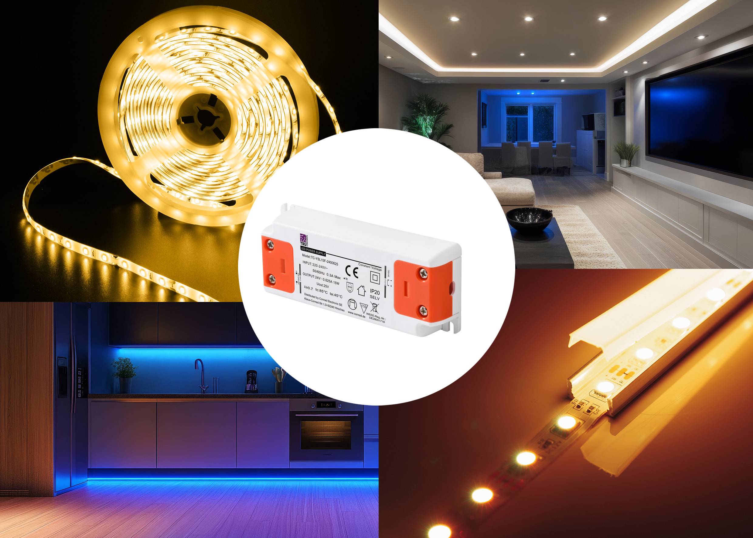 Een collage-afbeelding van LED-lichtstrips, een LED-driver en verlichte woonomgevingen in warm wit en blauw.