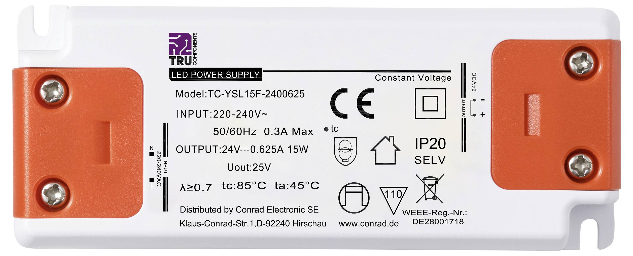 LED-transformator van TRU Components, model: TC-YSL15F-2400652. Ingang: 220-240V, Uitgang: 24V, 0,625A, 15W. Beschermingsgraad IP20, SELV.