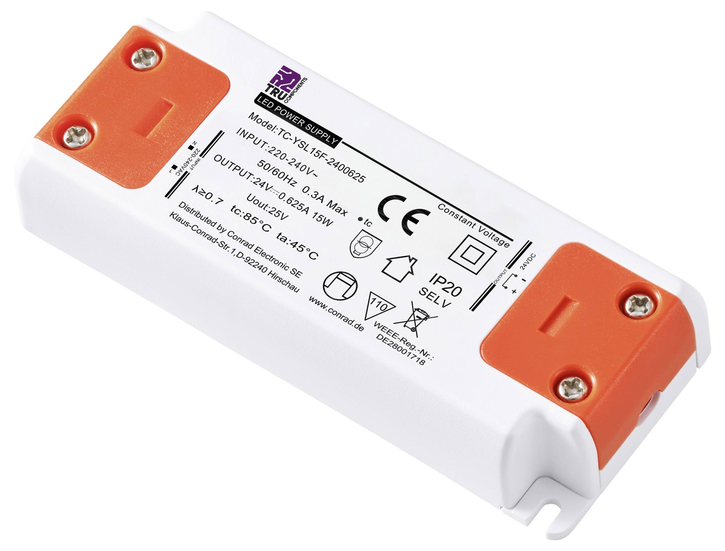 LED-voeding met modelnummer, ingangsspanning 100-240V, uitgang 12V, 25W, IP20-bescherming, voor binnengebruik.