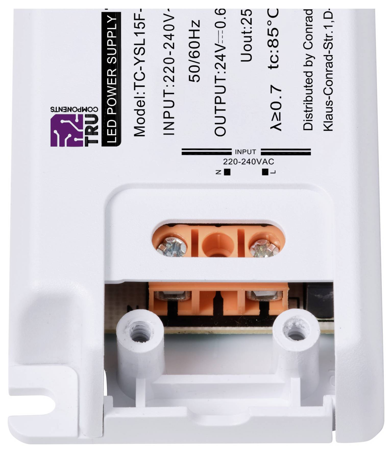 Voeding voor LED-verlichting, model TC-YSL15F, ingang 220-240V, uitgang 12V, maximale temperatuur 85°C, geschikt voor binnentoepassingen.