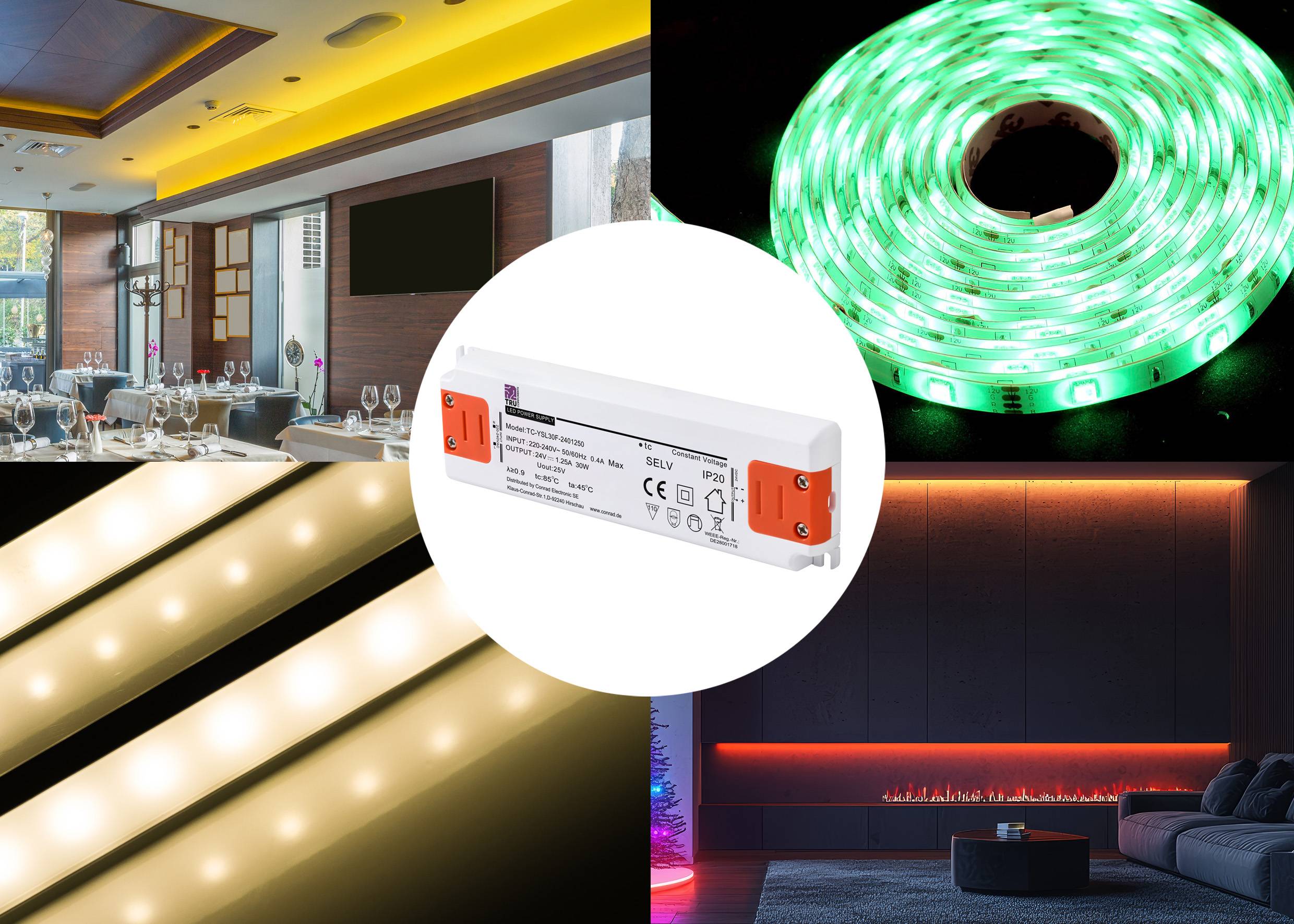 Interieurs met LED-verlichting in verschillende toepassingen: restaurantplafond, groene lichtstrip, witte streepverlichting, woonkamerverlichting.
