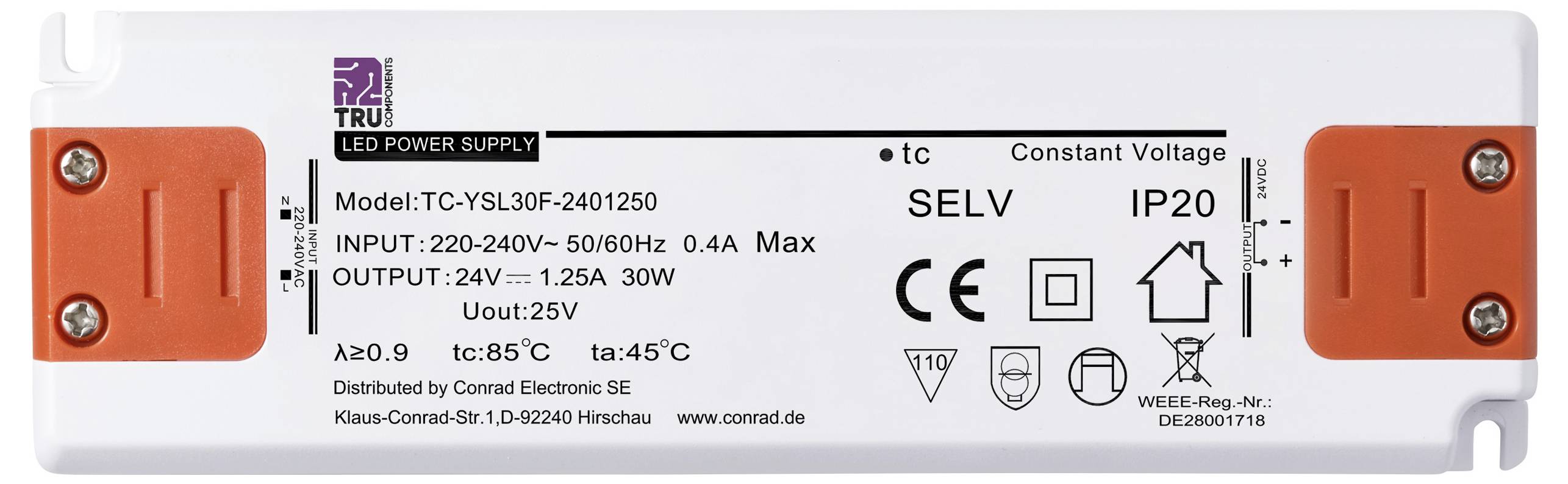 LED-voedingsunit met modelnummer TC-YSL30F-2401250, ingang 220-240V, uitgang 24V, 1,25A, 30W. Beschermingsklasse IP20.