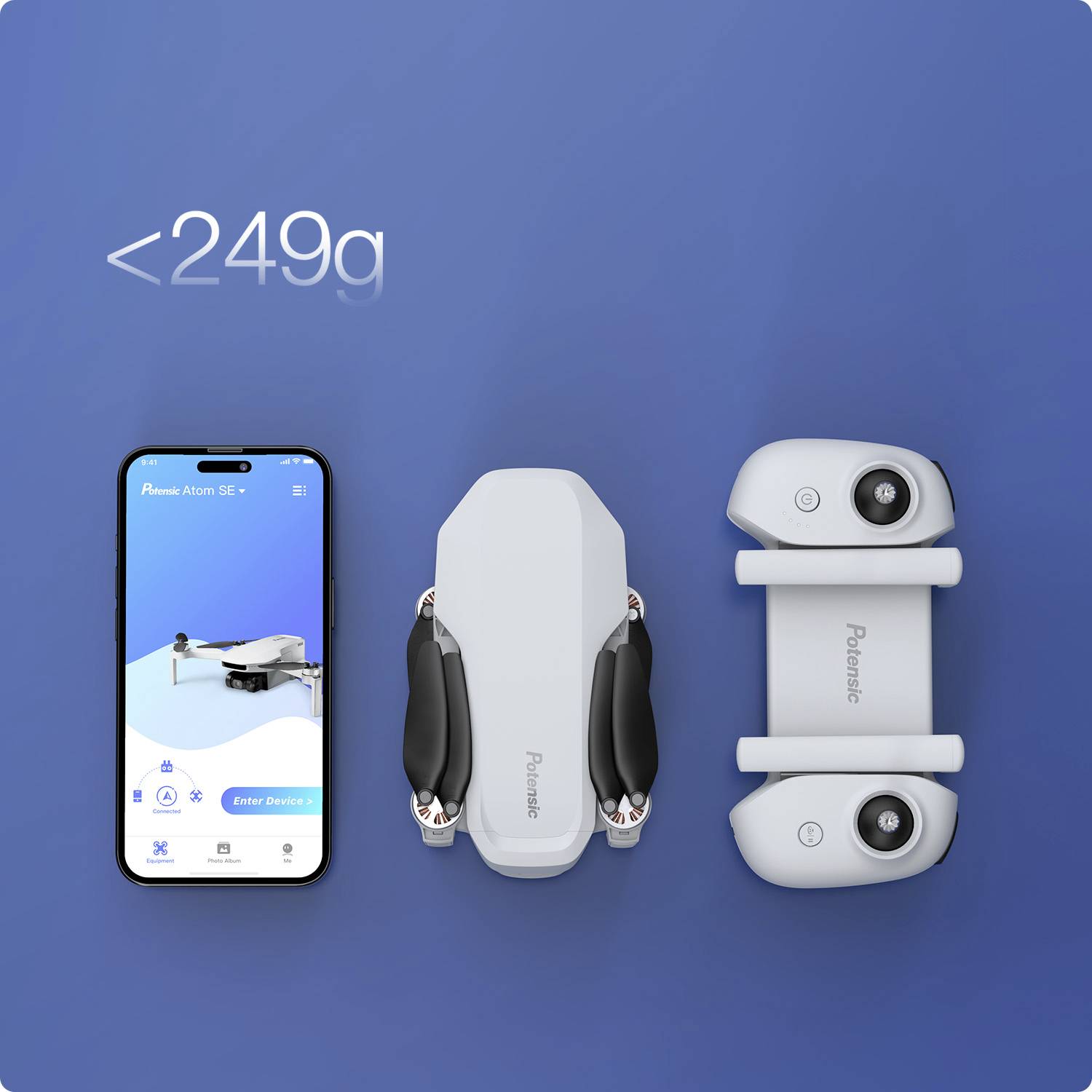 Een smartphone toont een drone-app, naast een compacte drone en afstandsbediening. Tekst: 'Onder 249g'.
