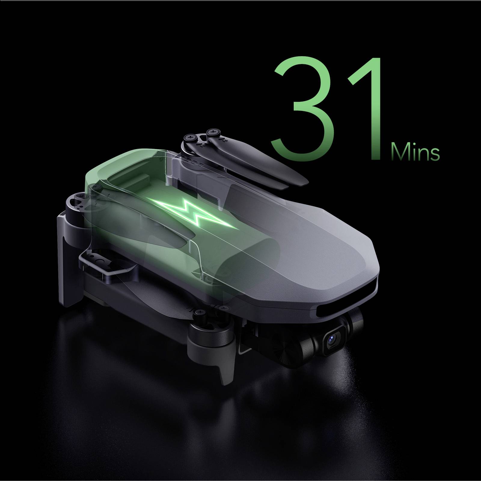 Een drone met een transparante behuizing toont de interne componenten, waaronder een oplichtend batterijsymbool; ernaast staat '31 Min'.