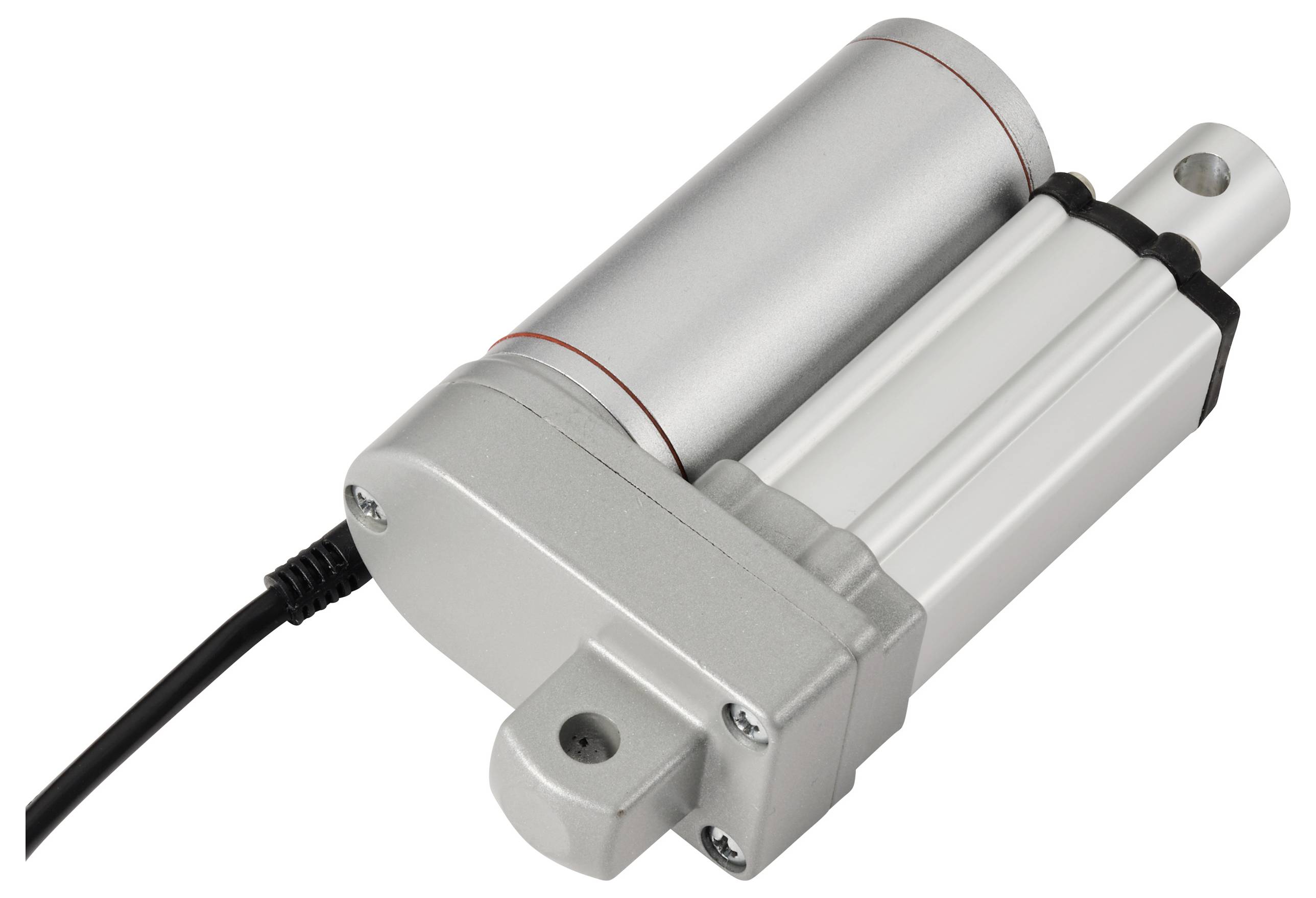 Een cilindrische, elektrische motor met kabelaansluiting en twee geschroefde behuizingsdelen.