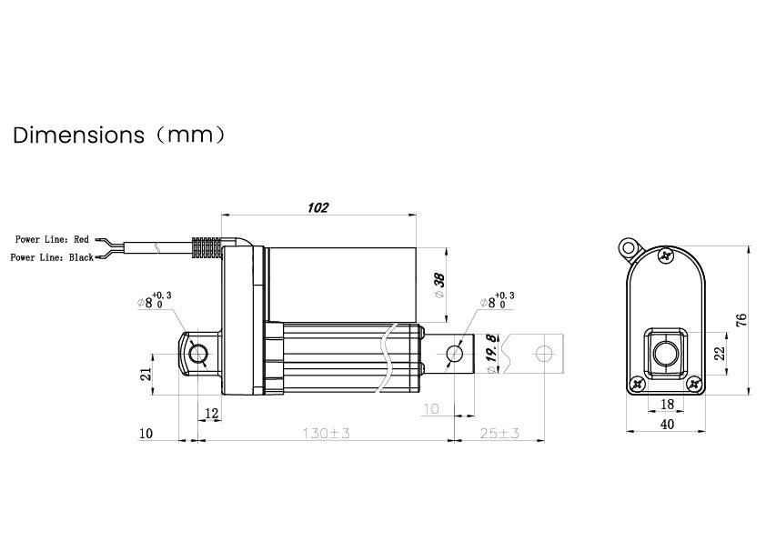 Technische tekening van een lineaire aandrijving met afmetingen in millimeters. Toont details en verbindingen van componenten met kleurcodering van stroomkabels: rood en zwart.