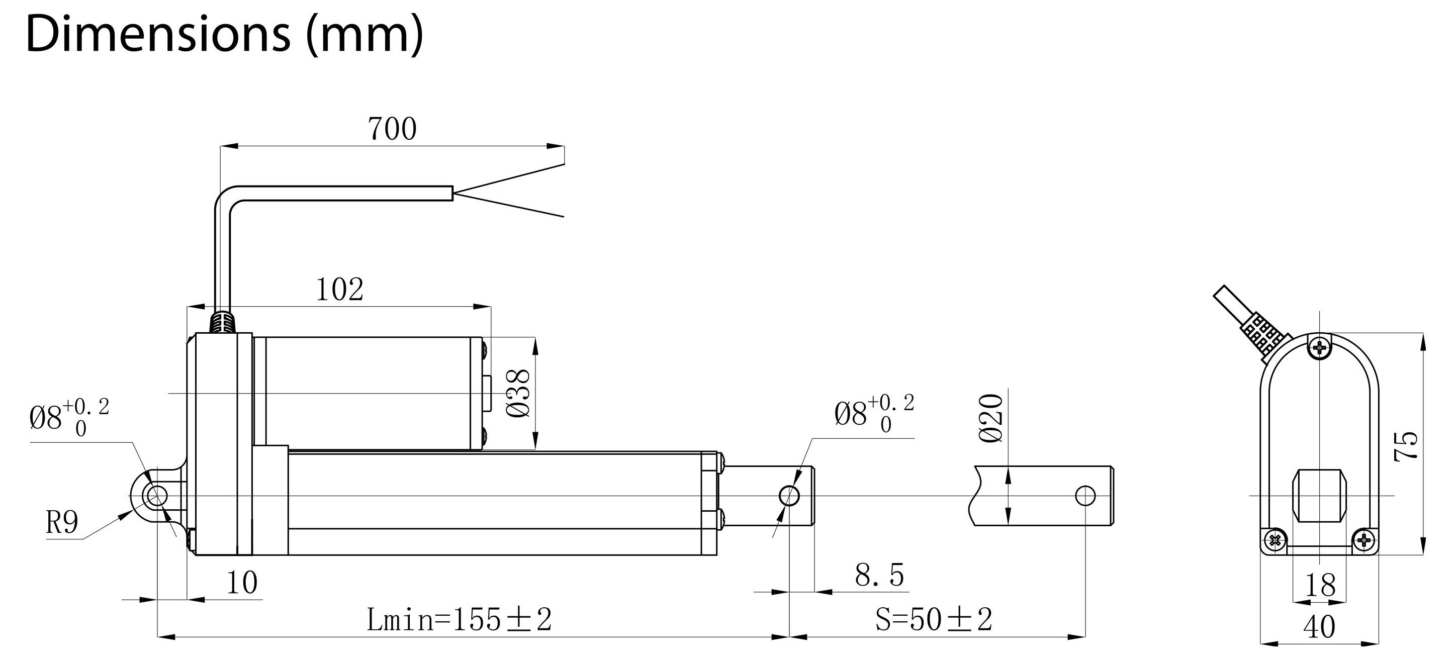 Technische dimensioentekening van een mechanisch onderdeel gelabeld 'Afmetingen (mm)', met zij- en eindaanzichten met metingen, inclusief 700, 102, 155±2, 50±2, en diameters 8 en 20.