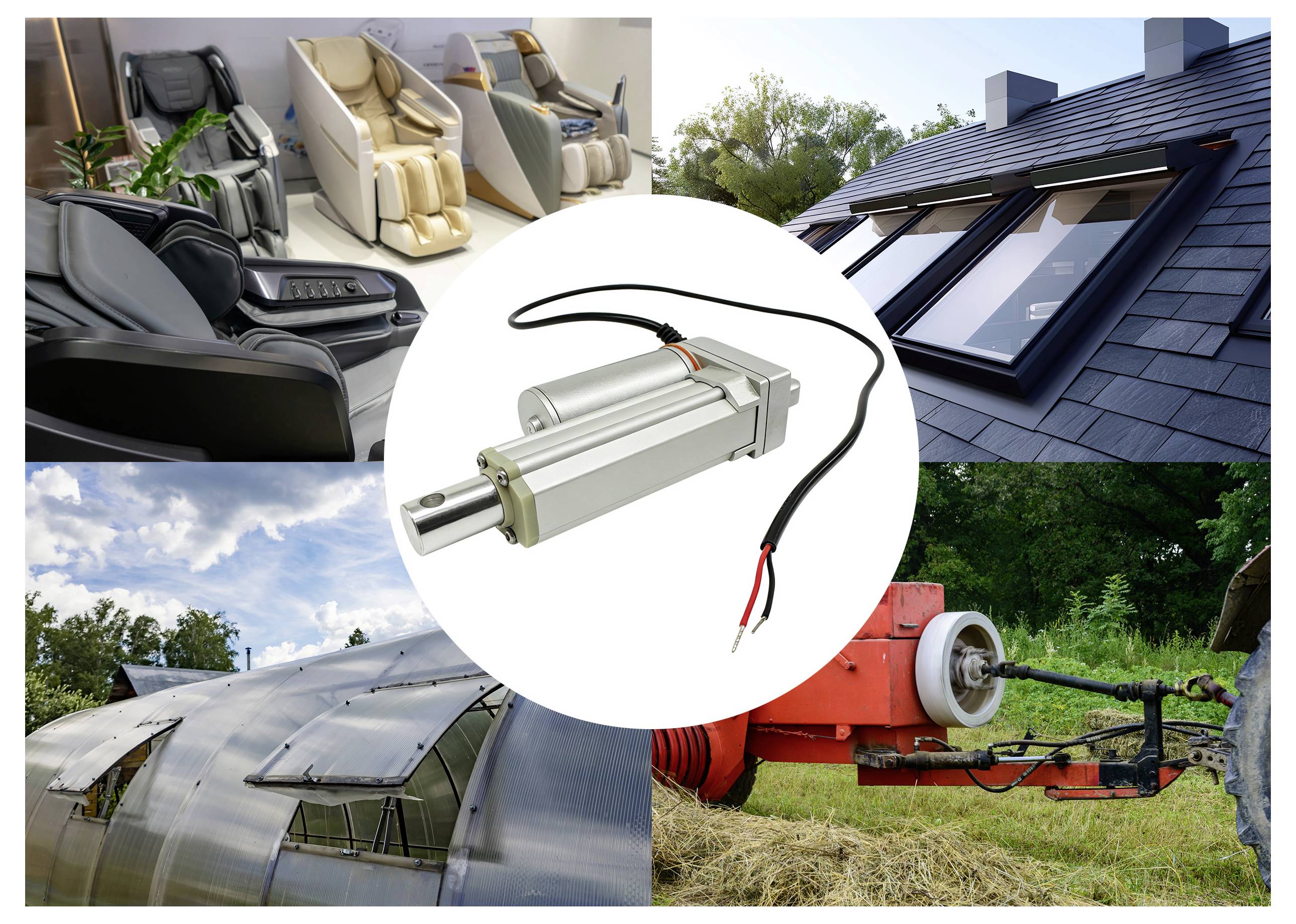 Elektrische lineaire actuator weergegeven als een centraal product, omringd door voorbeeldgebruik in massagestolen, dakramen, kasventilatie en landbouwmachines.