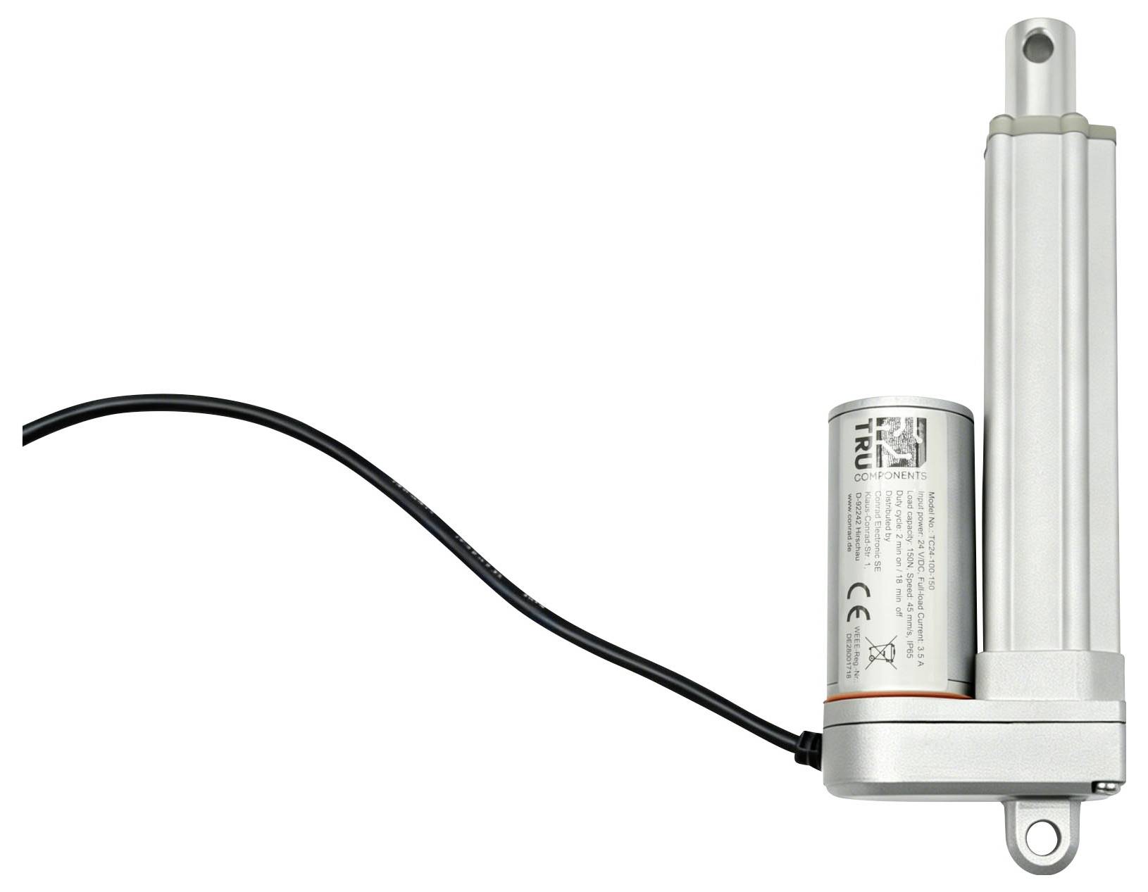 Elektrische lineaire actuator met aangesloten voedingskabel op een witte achtergrond.